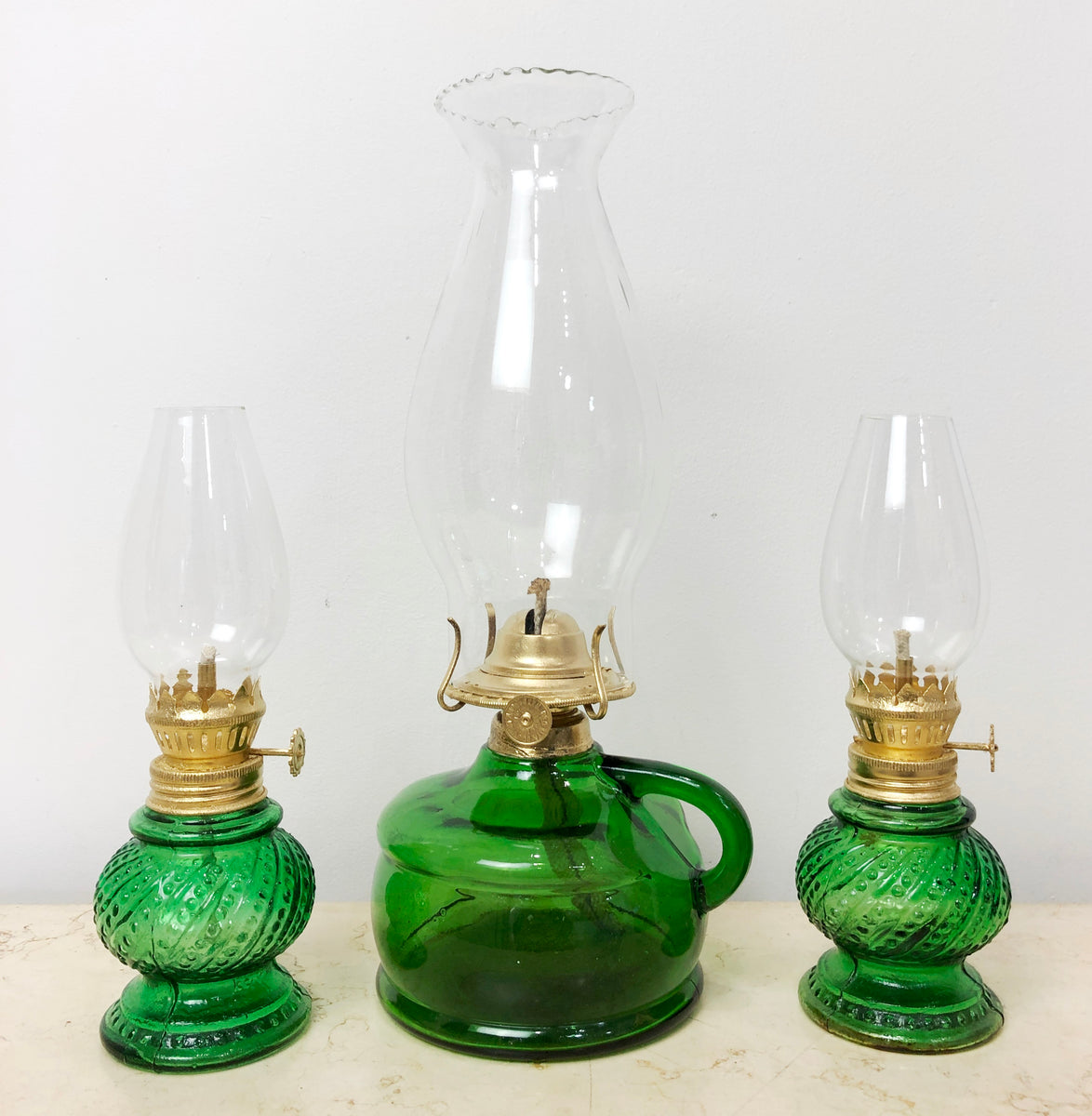 Vintage Set of 3x Green Glass Lanterns Kerosene Lamps Adelaide Clocks