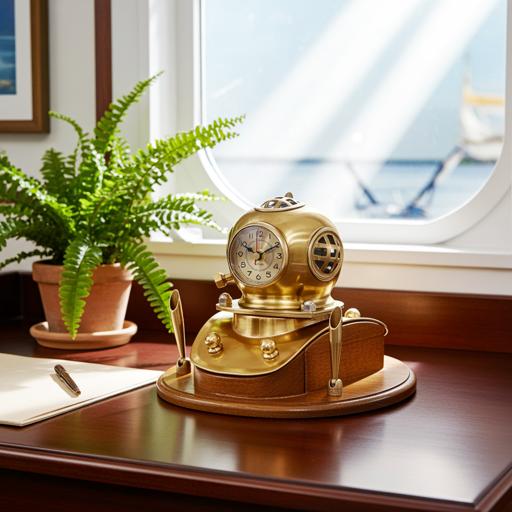 Vintage Brass Scuba Divers Helmet Ships Desk Clock with Pen Holders | Adelaide Clocks