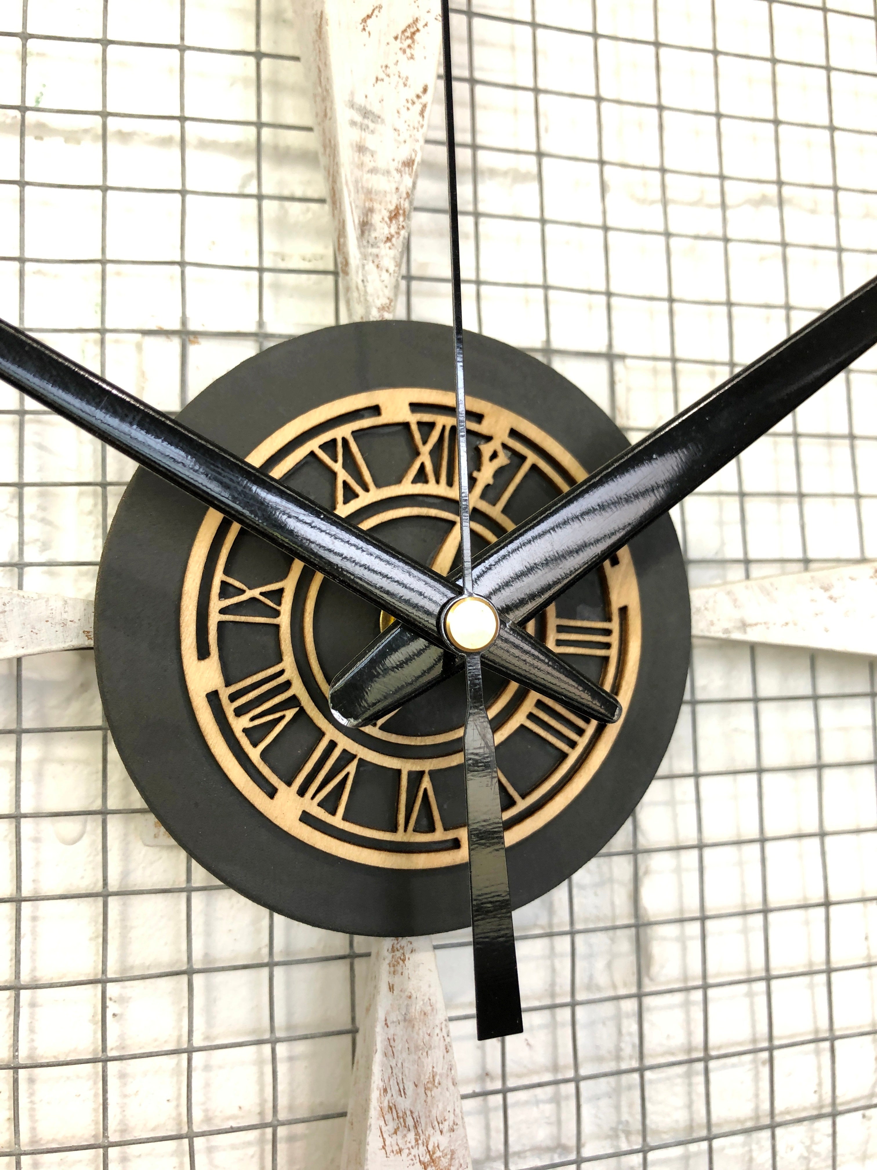 Vintage LARGE RUSTIC Wood & Metal Mesh Battery Wall Clock | Adelaide Clocks