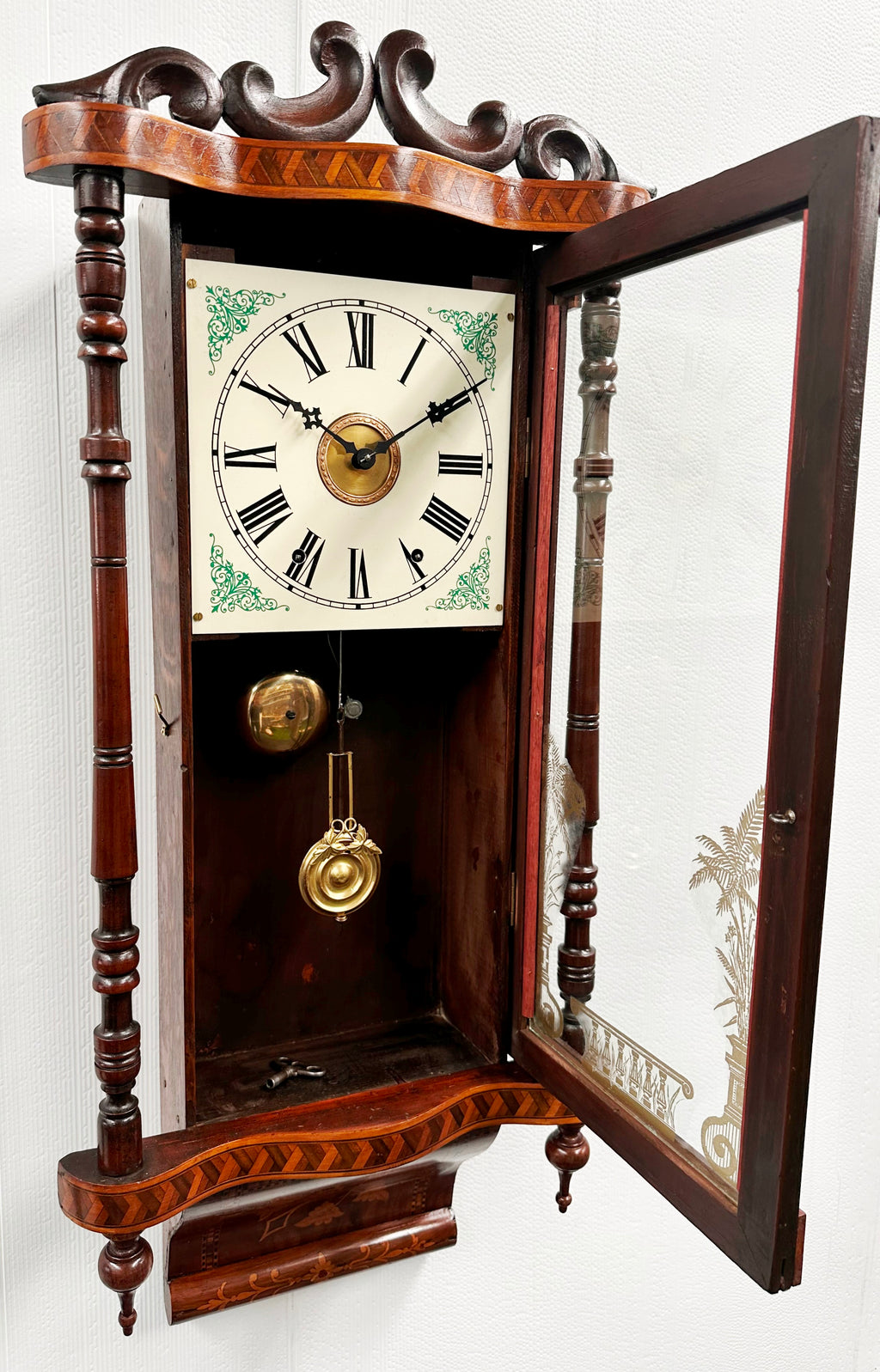 Antique New Haven Inlaid Bell Strike Wall Clock | Item# 2991 - Adelaide Clocks