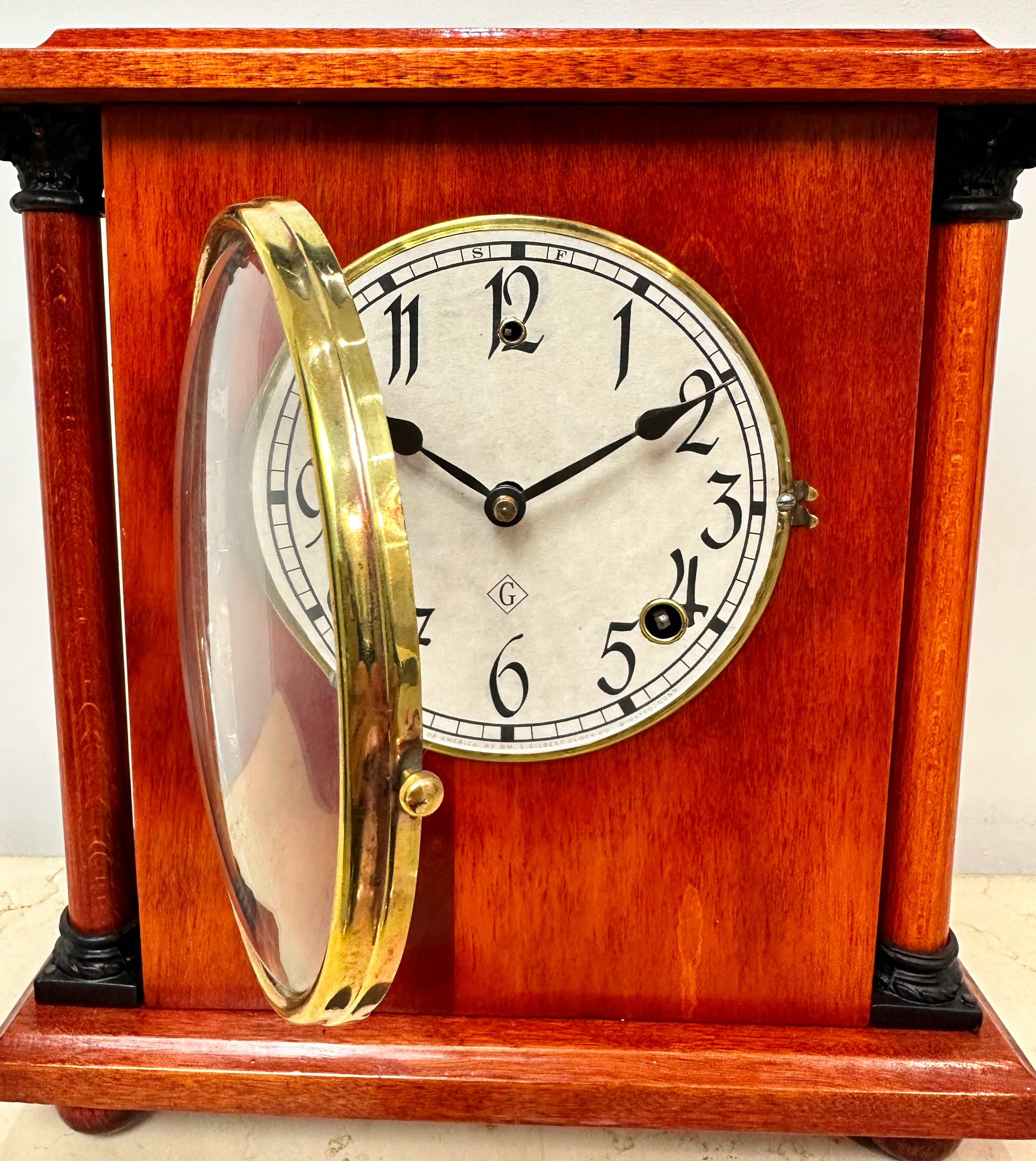 Antique GILBERT U.S.A Bell and Hammer on Coil Chime Mantel Clock | eXibit collection