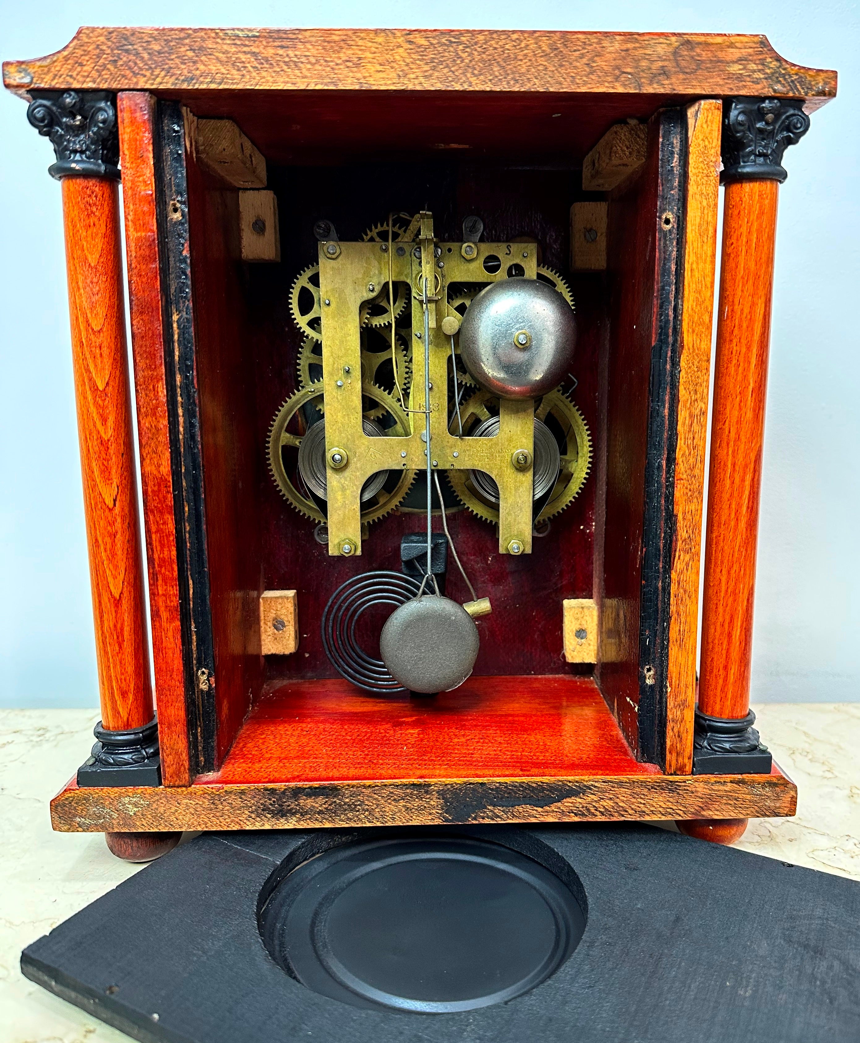 Antique GILBERT U.S.A Bell and Hammer on Coil Chime Mantel Clock | eXibit collection