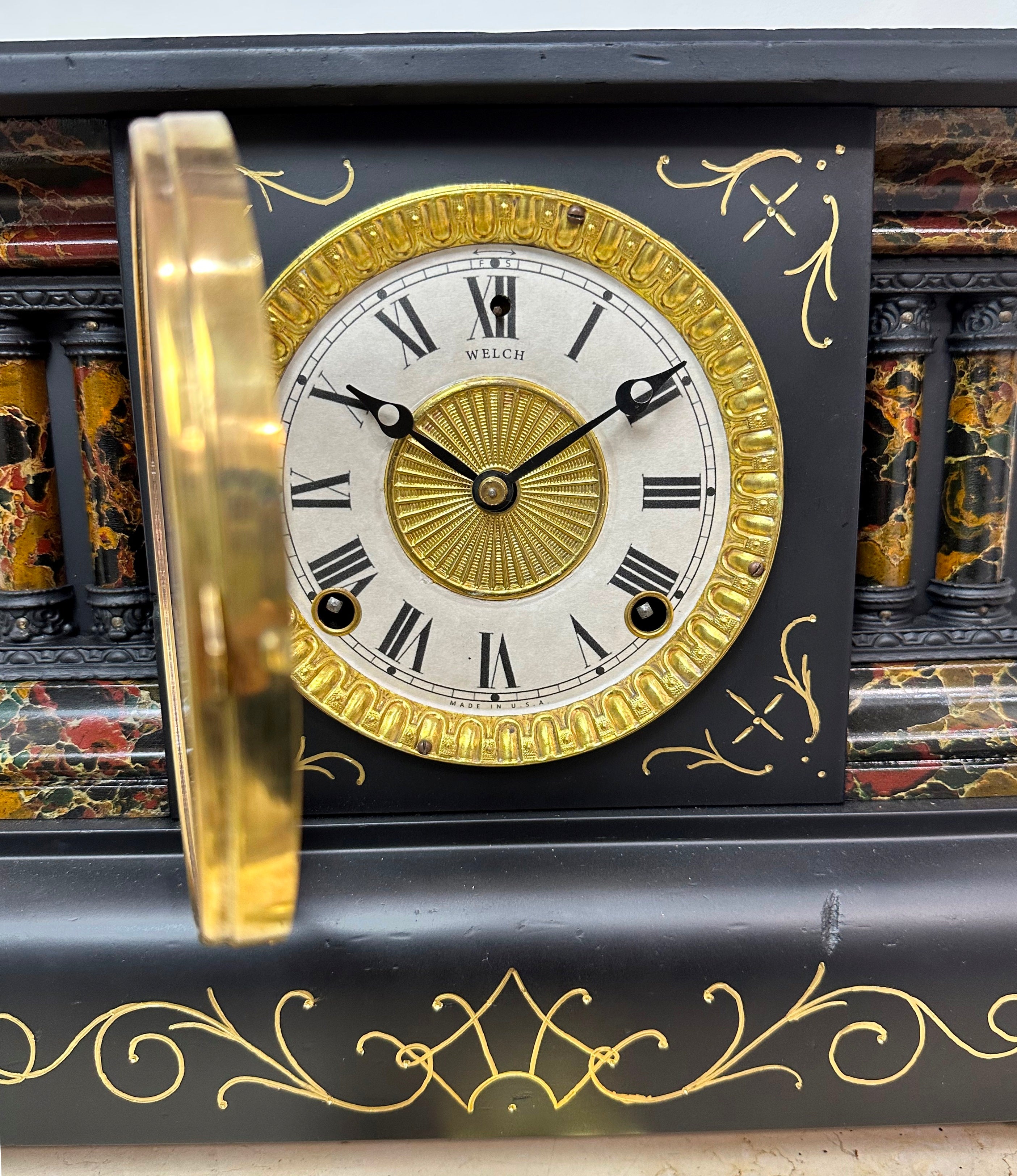 Antique WELCH Hammer on Bell & Coil Chime Mantel Clock | eXibit collection