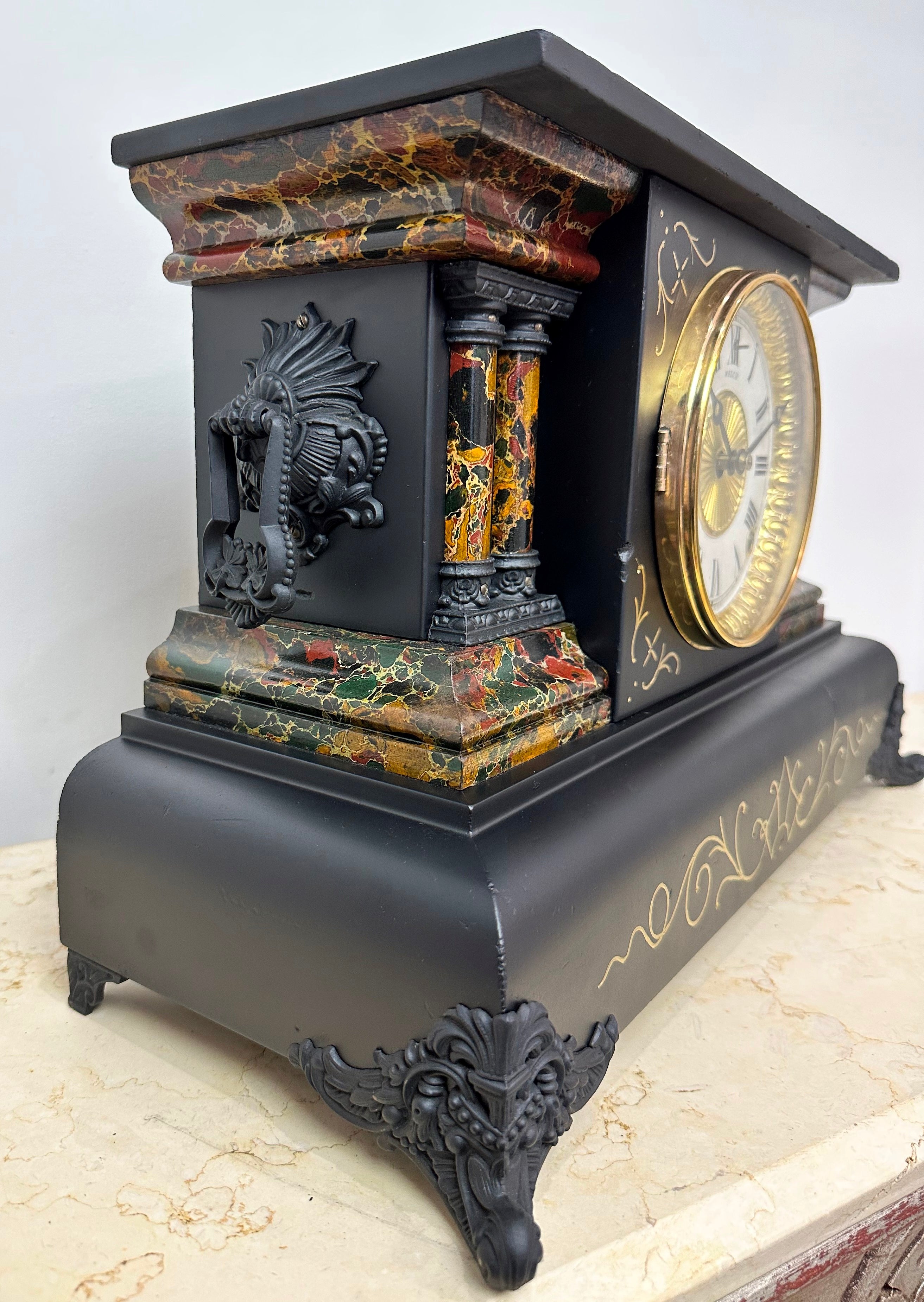 Antique WELCH Hammer on Bell & Coil Chime Mantel Clock | eXibit collection