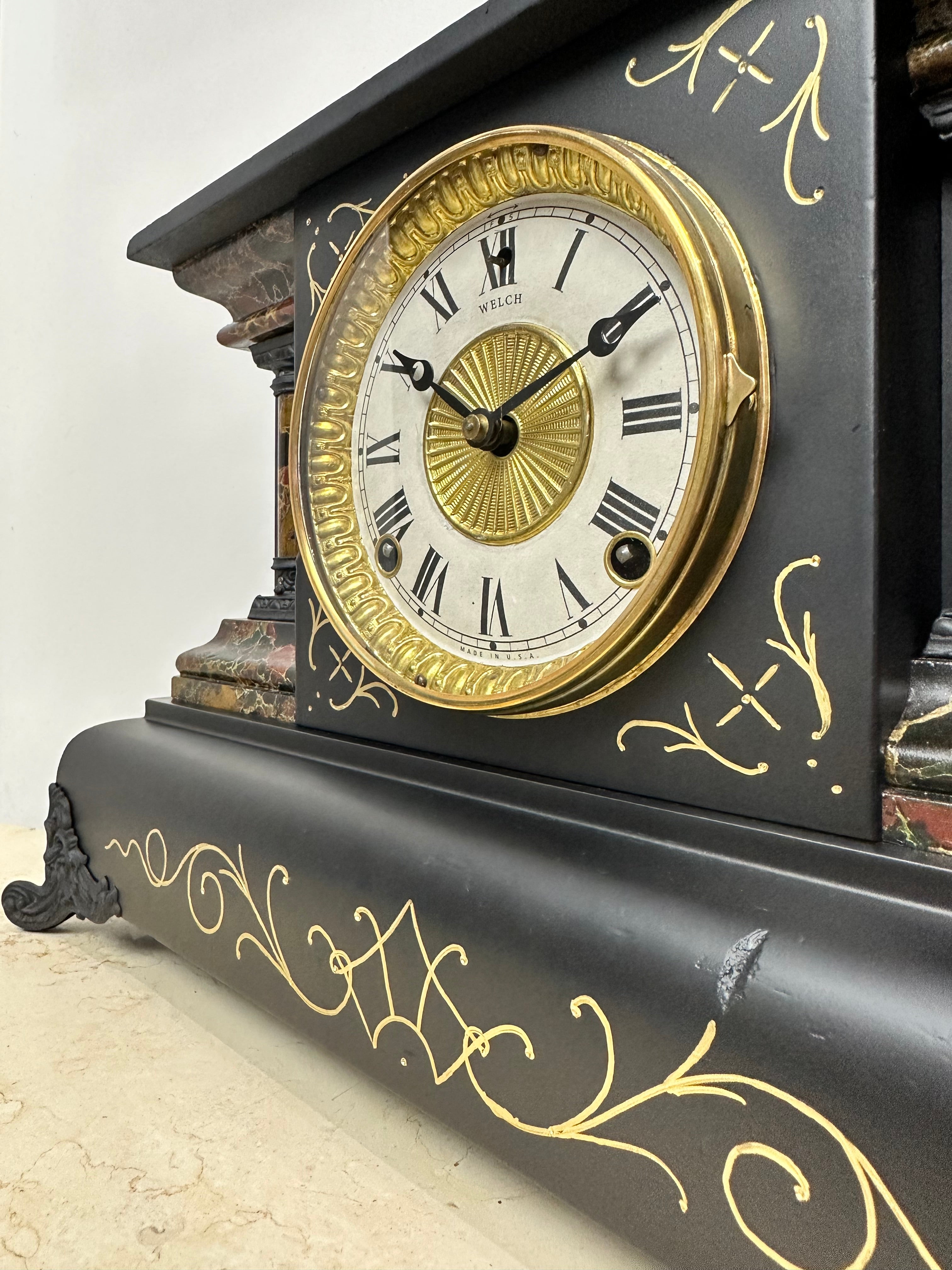 Antique WELCH Hammer on Bell & Coil Chime Mantel Clock | eXibit collection