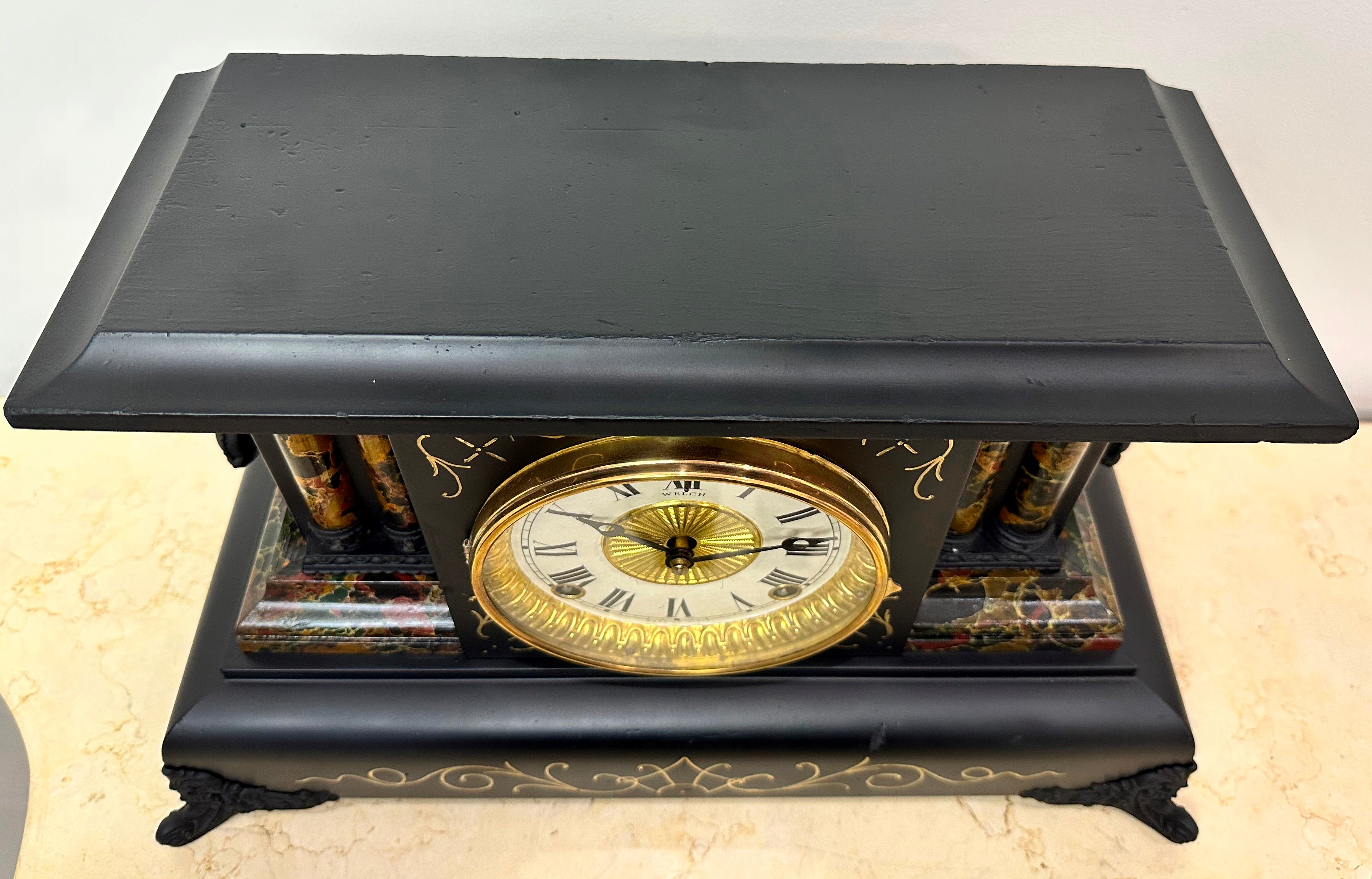 Antique WELCH Hammer on Bell & Coil Chime Mantel Clock | eXibit collection