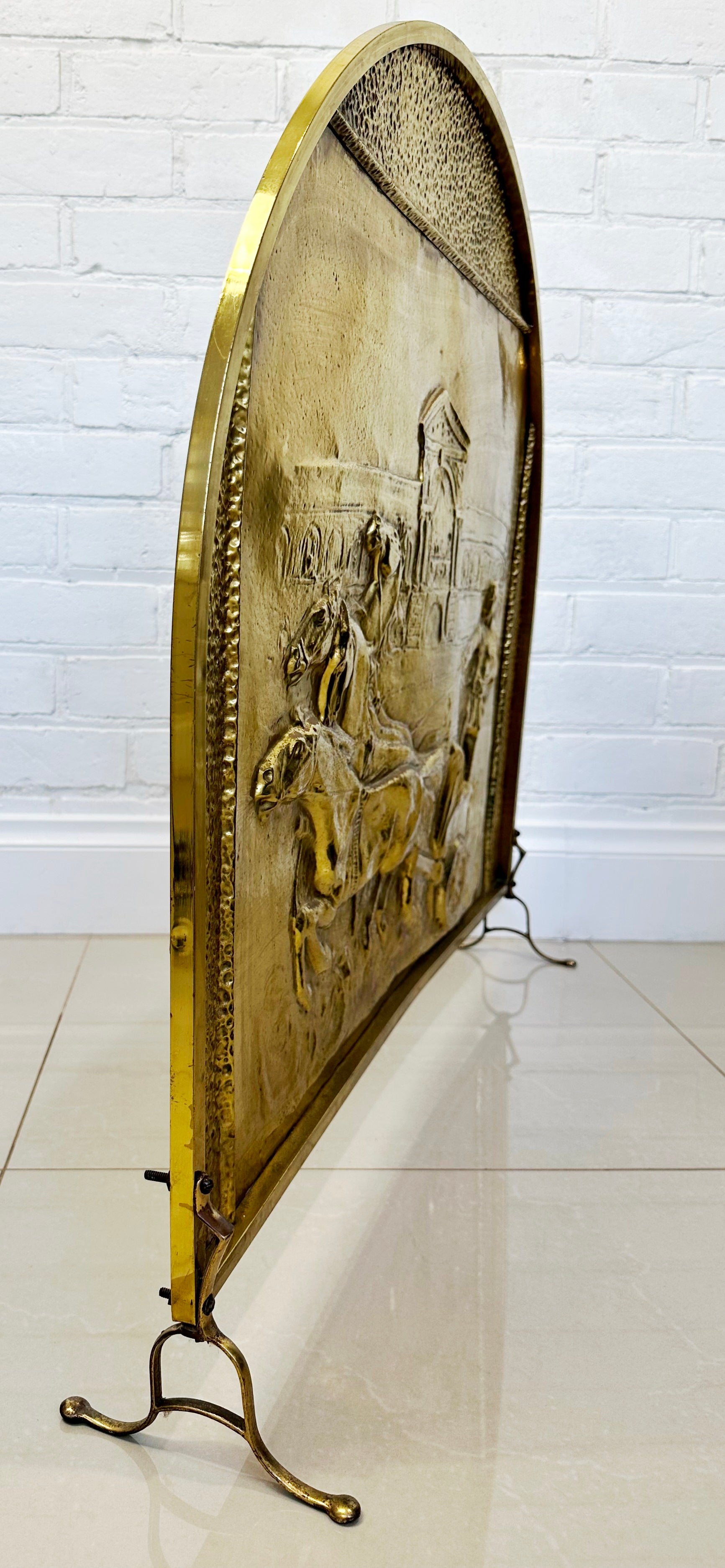 Vintage Brass Horse Chariot Embossed Fire Screen Guard | eXibit collection