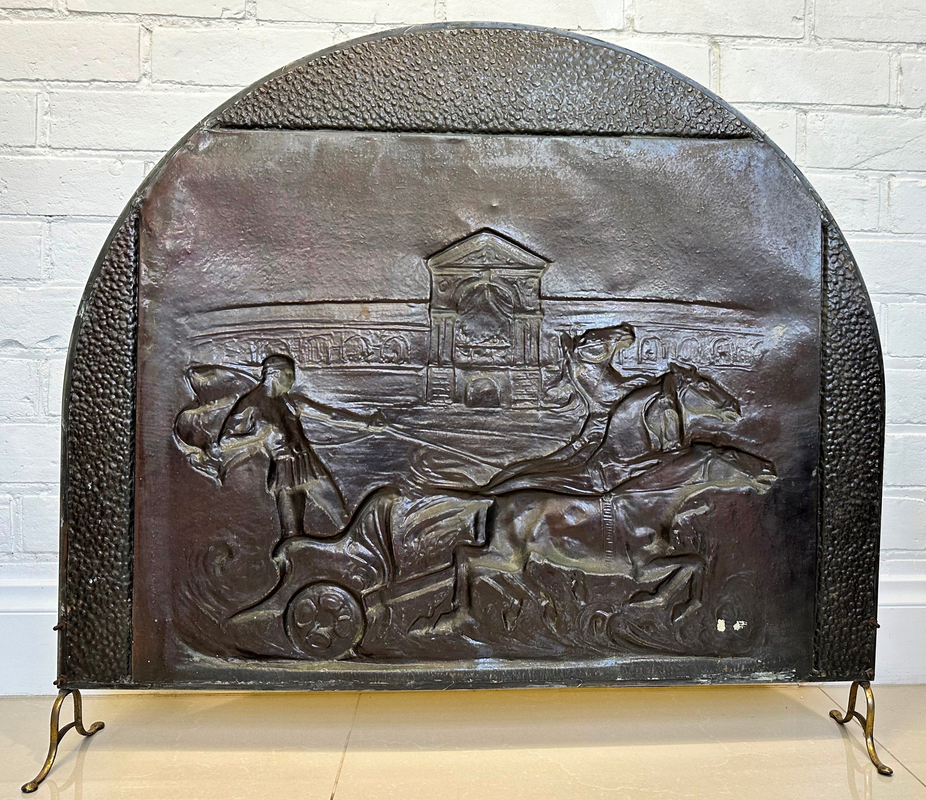 Vintage Brass Horse Chariot Embossed Fire Screen Guard | eXibit collection