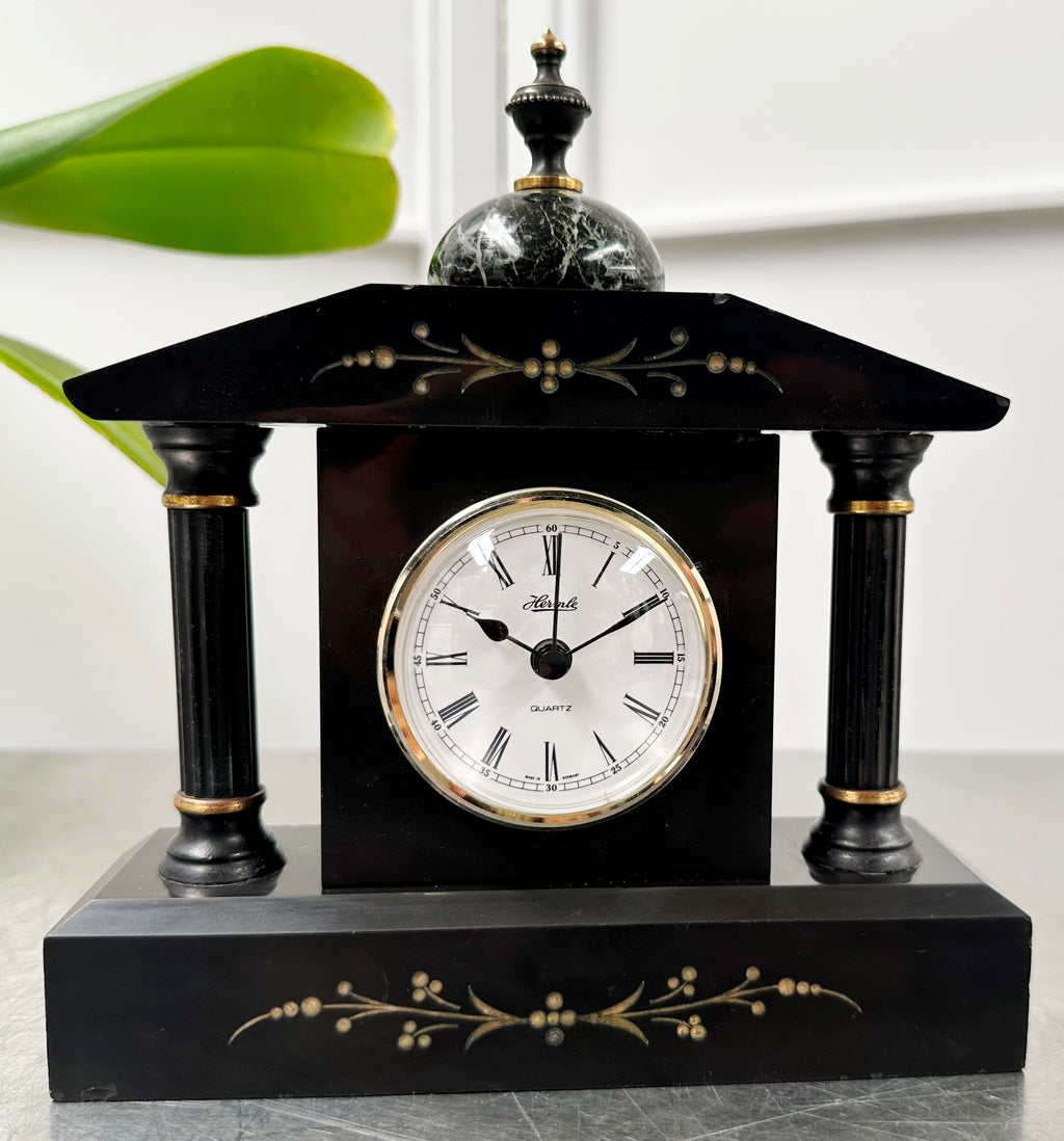 Vintage Slate & Marble Petite Mantel Clock with Hermle Quartz Mechanism | Adelaide Clocks