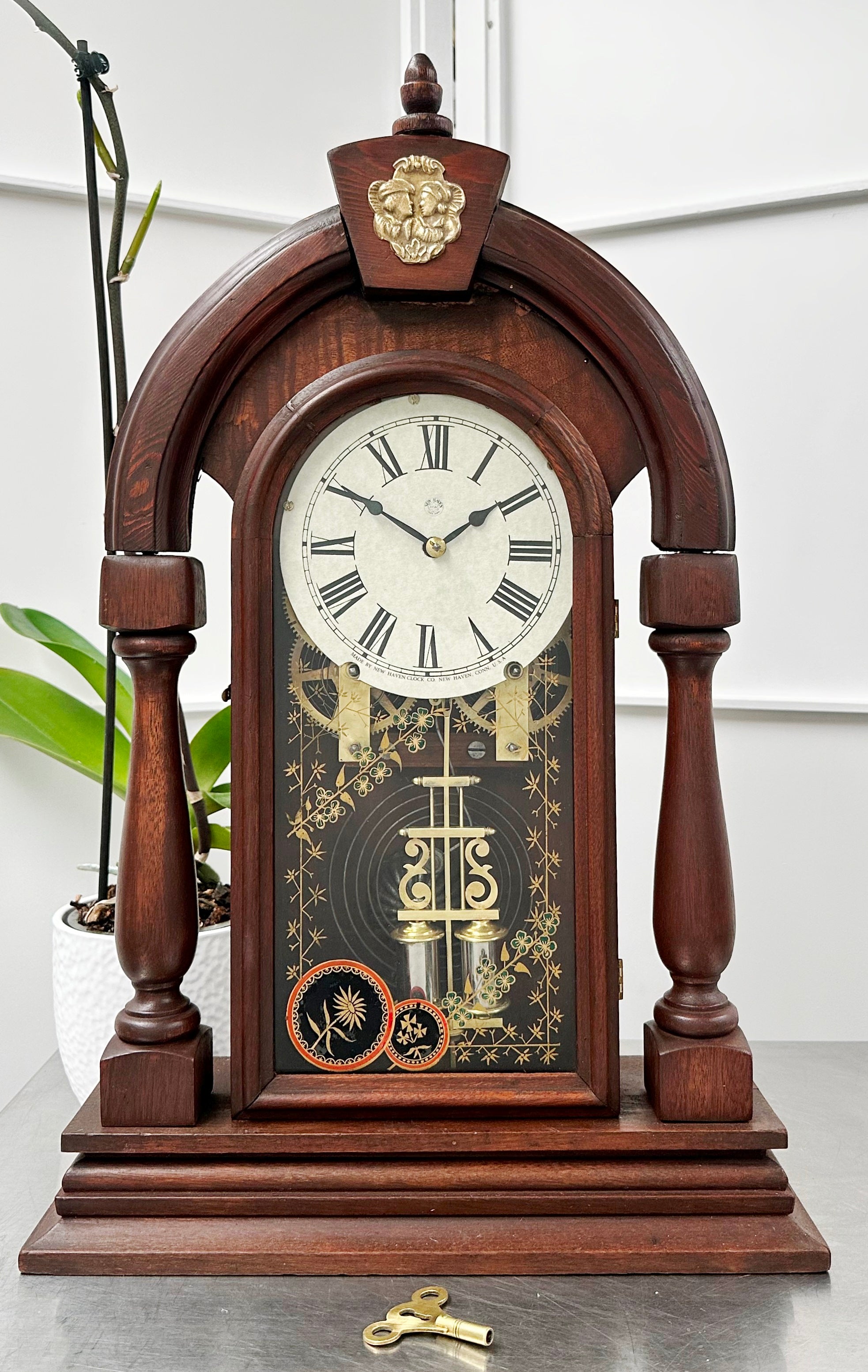 Antique New Haven Hammer on Coil Pendulum Mantel Clock | Adelaide Clocks