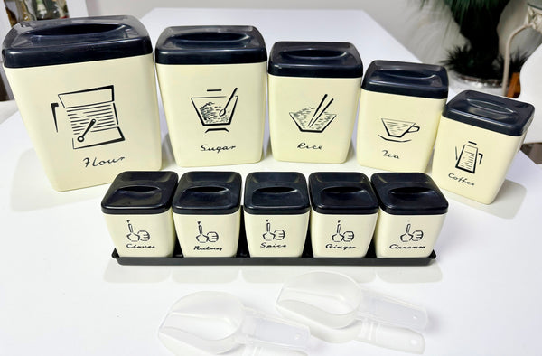 Vintage set of 10x Retro NALLY Bakelite Kitchen Canisters | eXibit collection