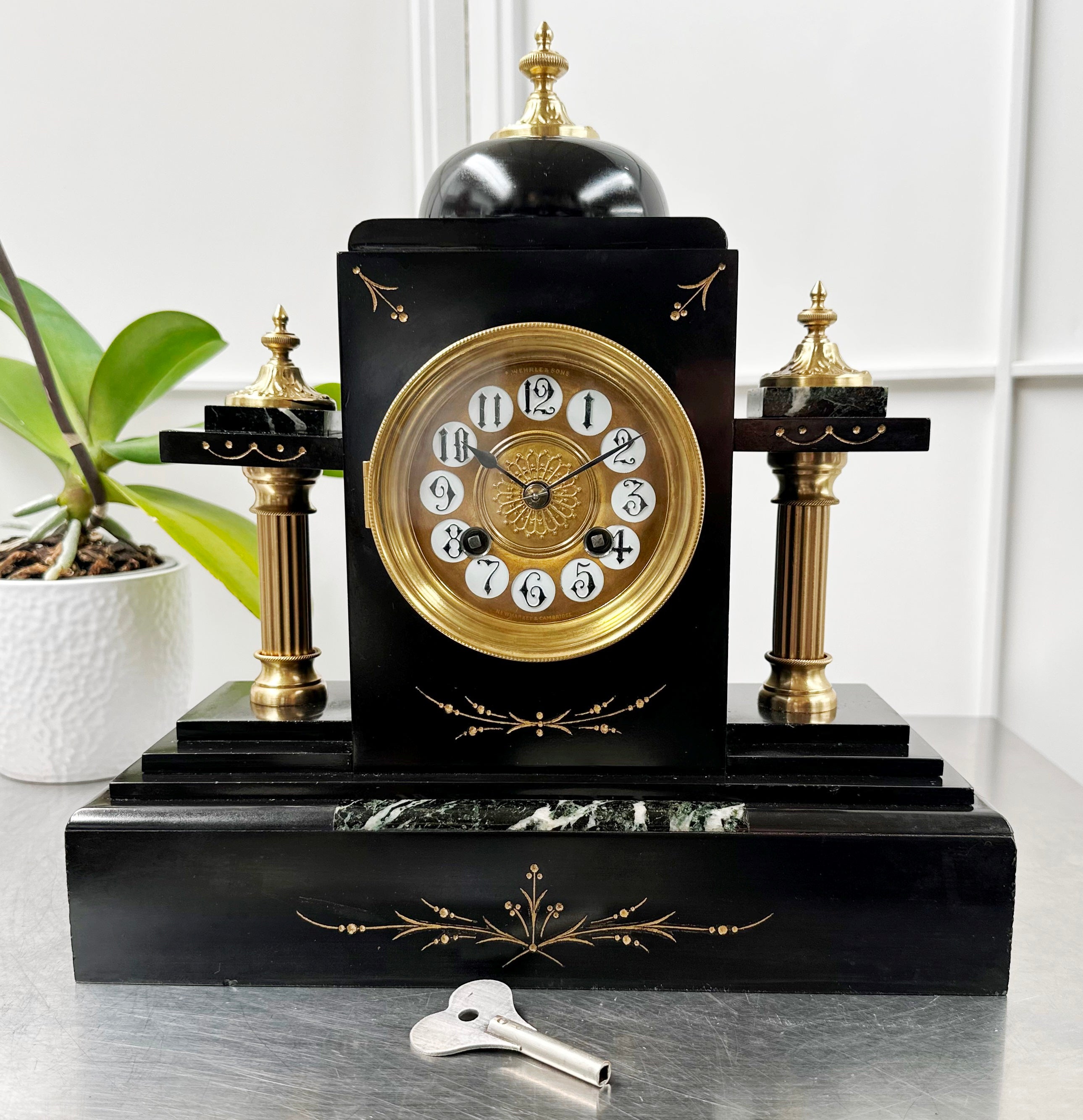 Antique French Slate with Marble Hammer on Coil Strike Pendulum Mantel Clock | Adelaide Clocks