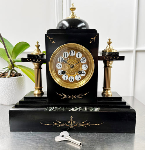 Antique French Slate with Marble Hammer on Coil Strike Pendulum Mantel Clock | Adelaide Clocks