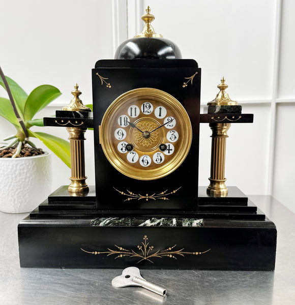 Antique French Slate with Marble Hammer on Coil Strike Pendulum Mantel Clock | Adelaide Clocks