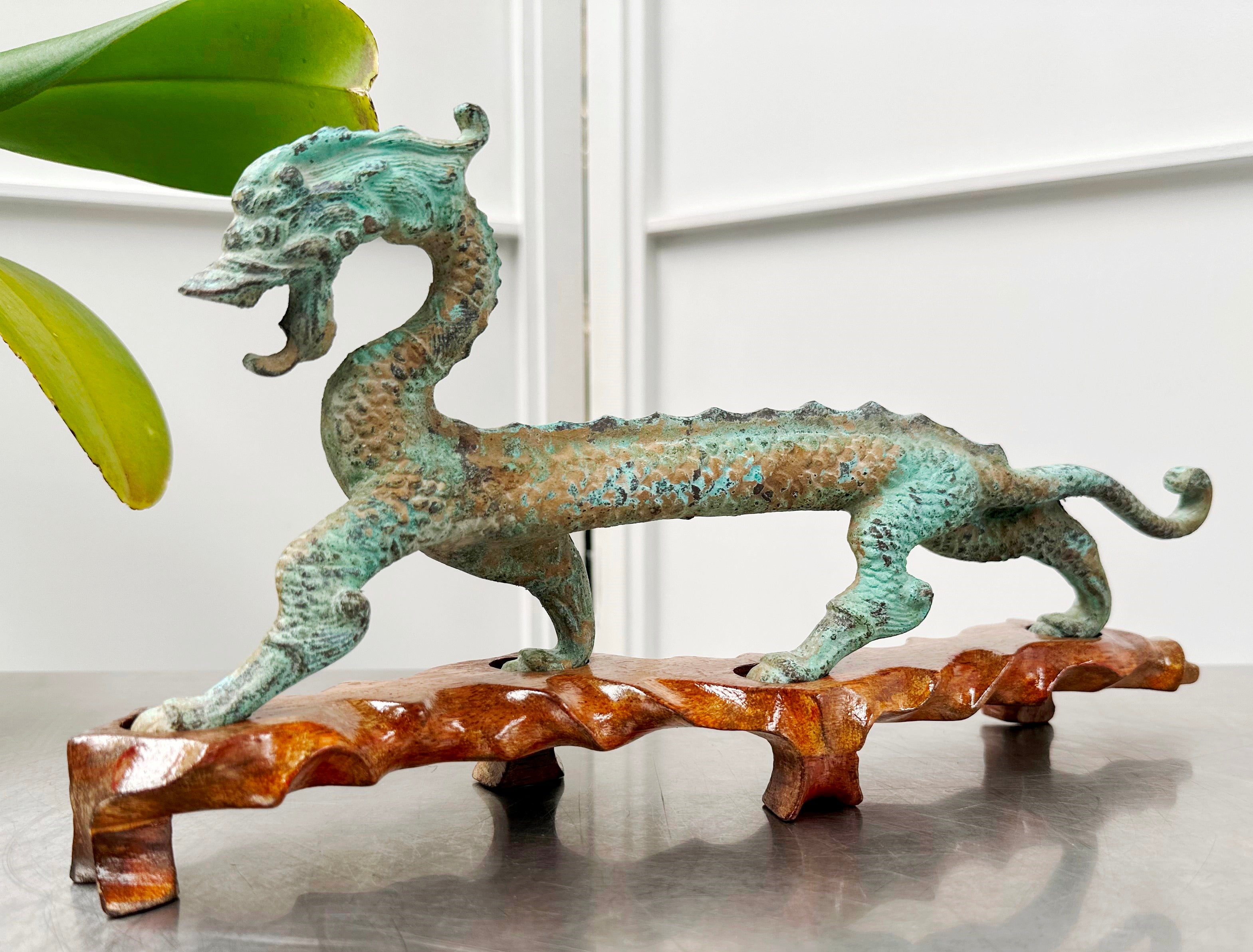 Vintage Chinese Bronze Mystical Dragon on Wooden Stand | Adelaide Clocks
