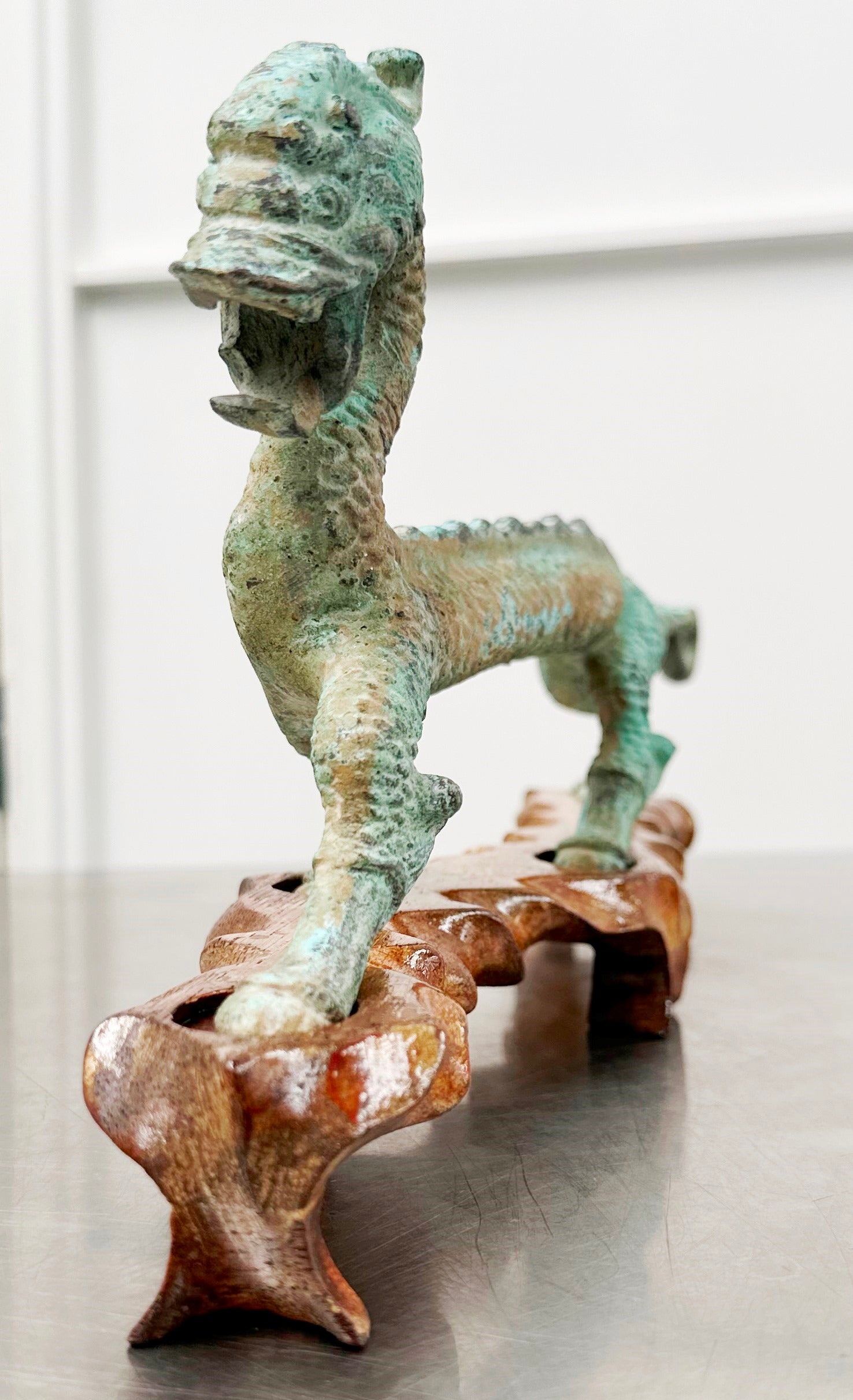 Vintage Chinese Bronze Mystical Dragon on Wooden Stand | Adelaide Clocks