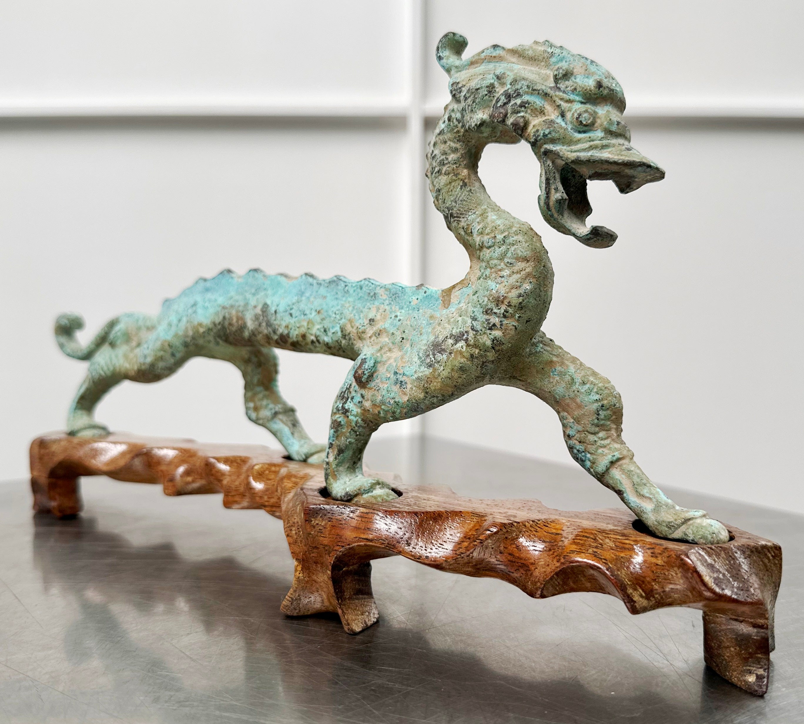 Vintage Chinese Bronze Mystical Dragon on Wooden Stand | Adelaide Clocks