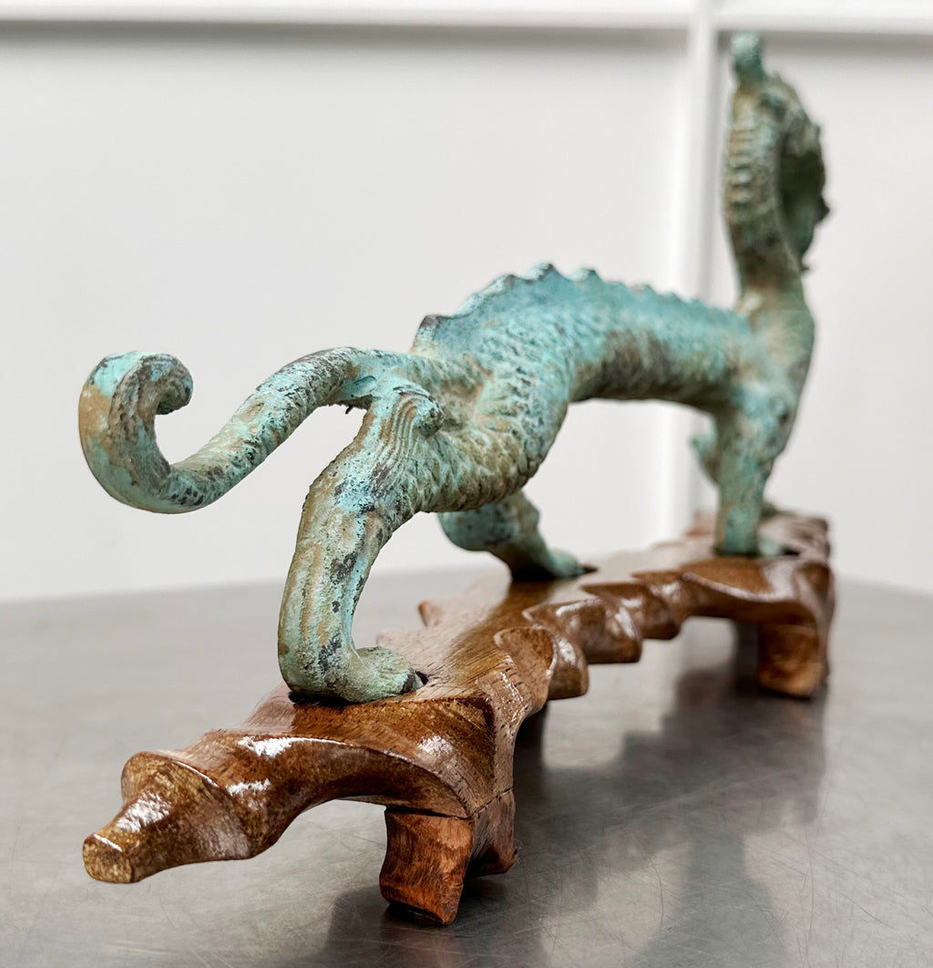 Vintage Chinese Bronze Mystical Dragon on Wooden Stand | Adelaide Clocks