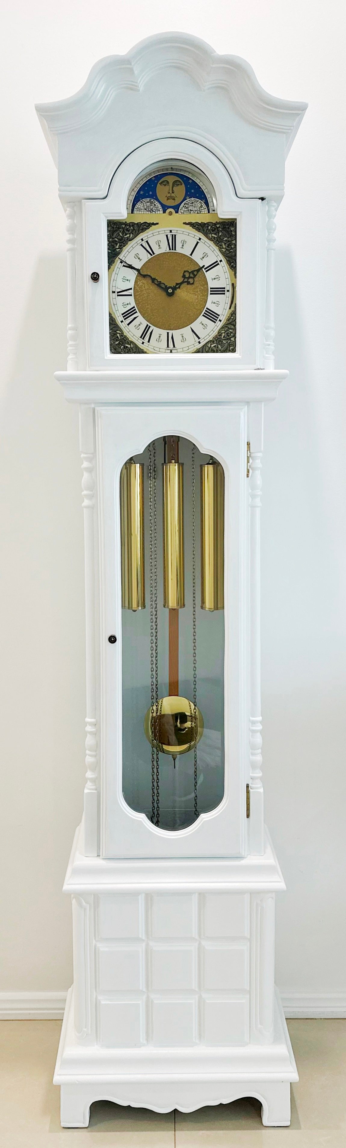 Vintage Moon Phase White Grandfather Clock, West, Whitt & St Mich Chimes | Adelaide Clocks