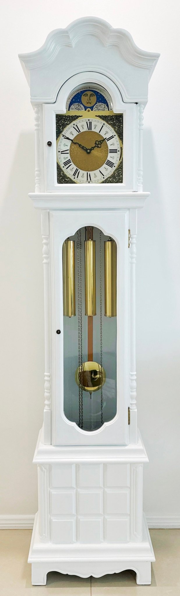 Vintage Moon Phase White Grandfather Clock, West, Whitt & St Mich Chimes | Adelaide Clocks