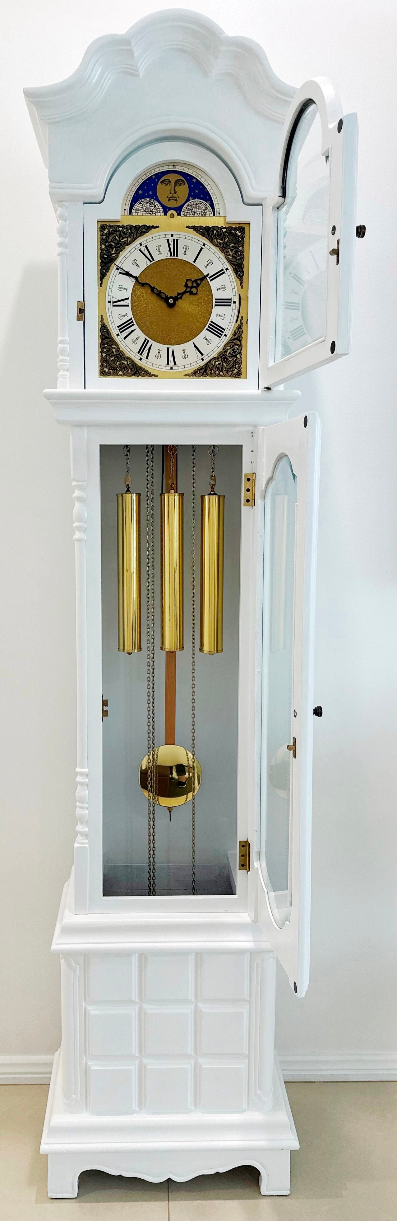 Vintage Moon Phase White Grandfather Clock, West, Whitt & St Mich Chimes | Adelaide Clocks