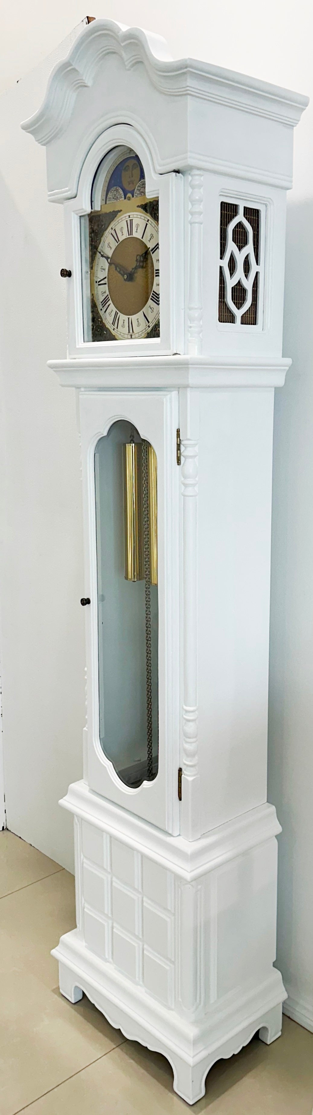 Vintage Moon Phase White Grandfather Clock, West, Whitt & St Mich Chimes | Adelaide Clocks