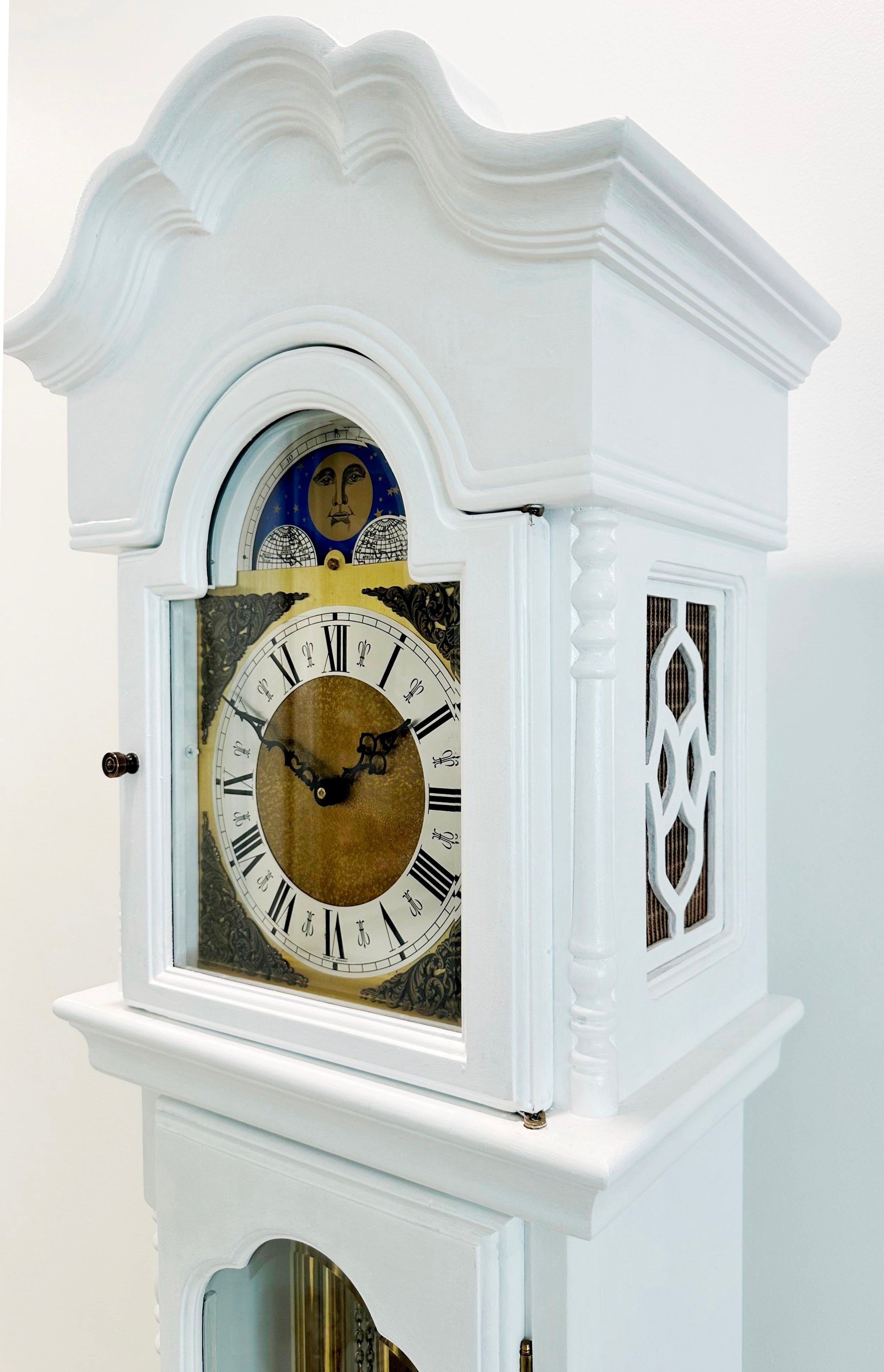 Vintage Moon Phase White Grandfather Clock, West, Whitt & St Mich Chimes | Adelaide Clocks