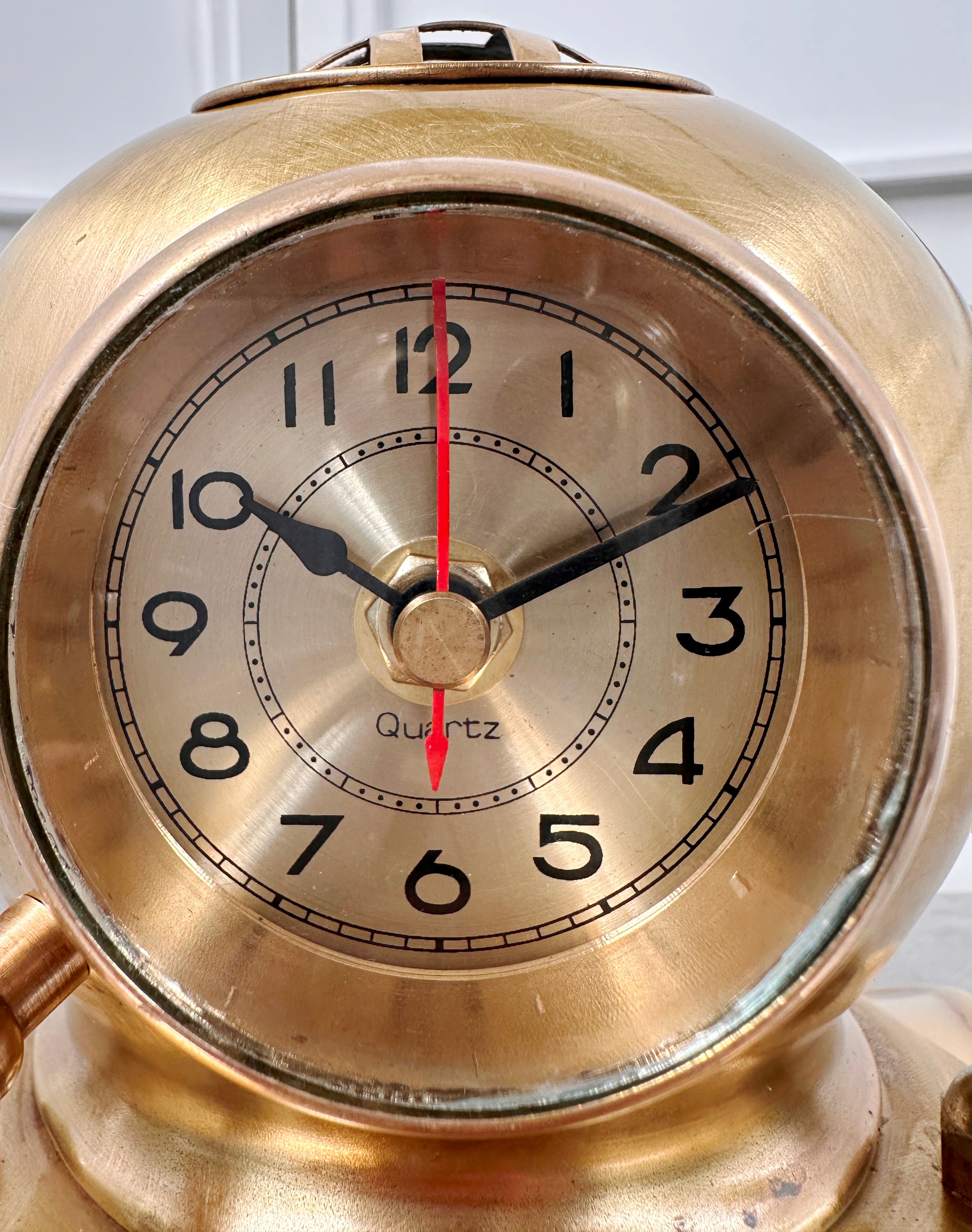Vintage Brass Scuba Divers Helmet Ships Desk Quartz Clock with Pen Holders | Adelaide Clocks