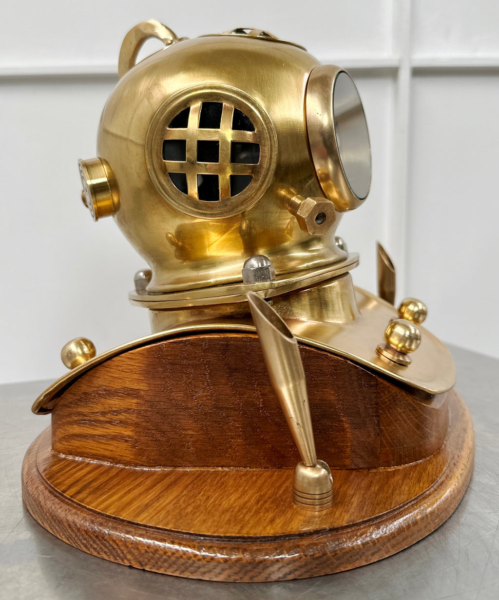Vintage Brass Scuba Divers Helmet Ships Desk Clock with Pen Holders | Adelaide Clocks