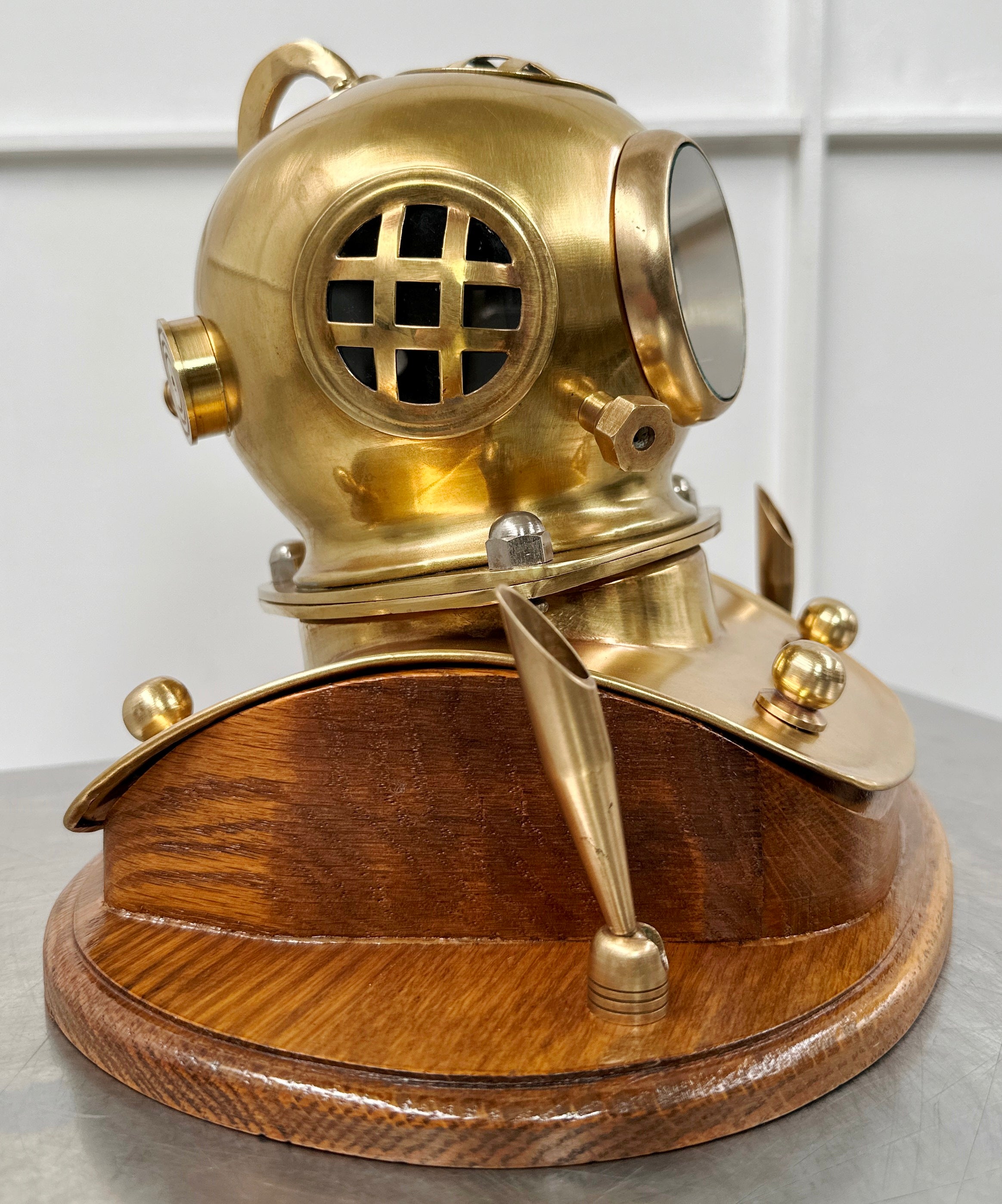 Vintage Brass Scuba Divers Helmet Ships Desk Clock with Pen Holders | Adelaide Clocks