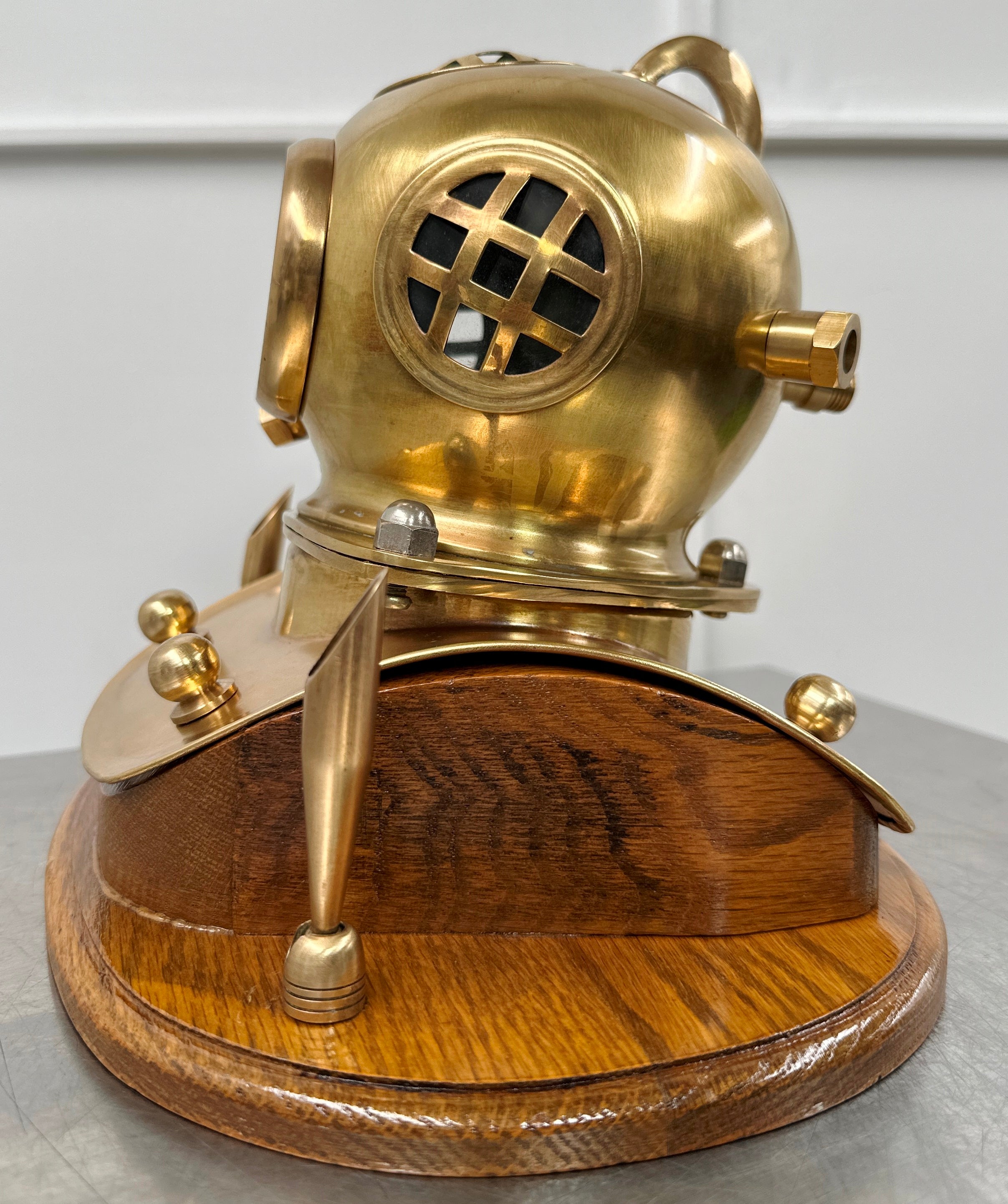 Vintage Brass Scuba Divers Helmet Ships Quartz Desk Clock with Pen Holders | Adelaide Clocks