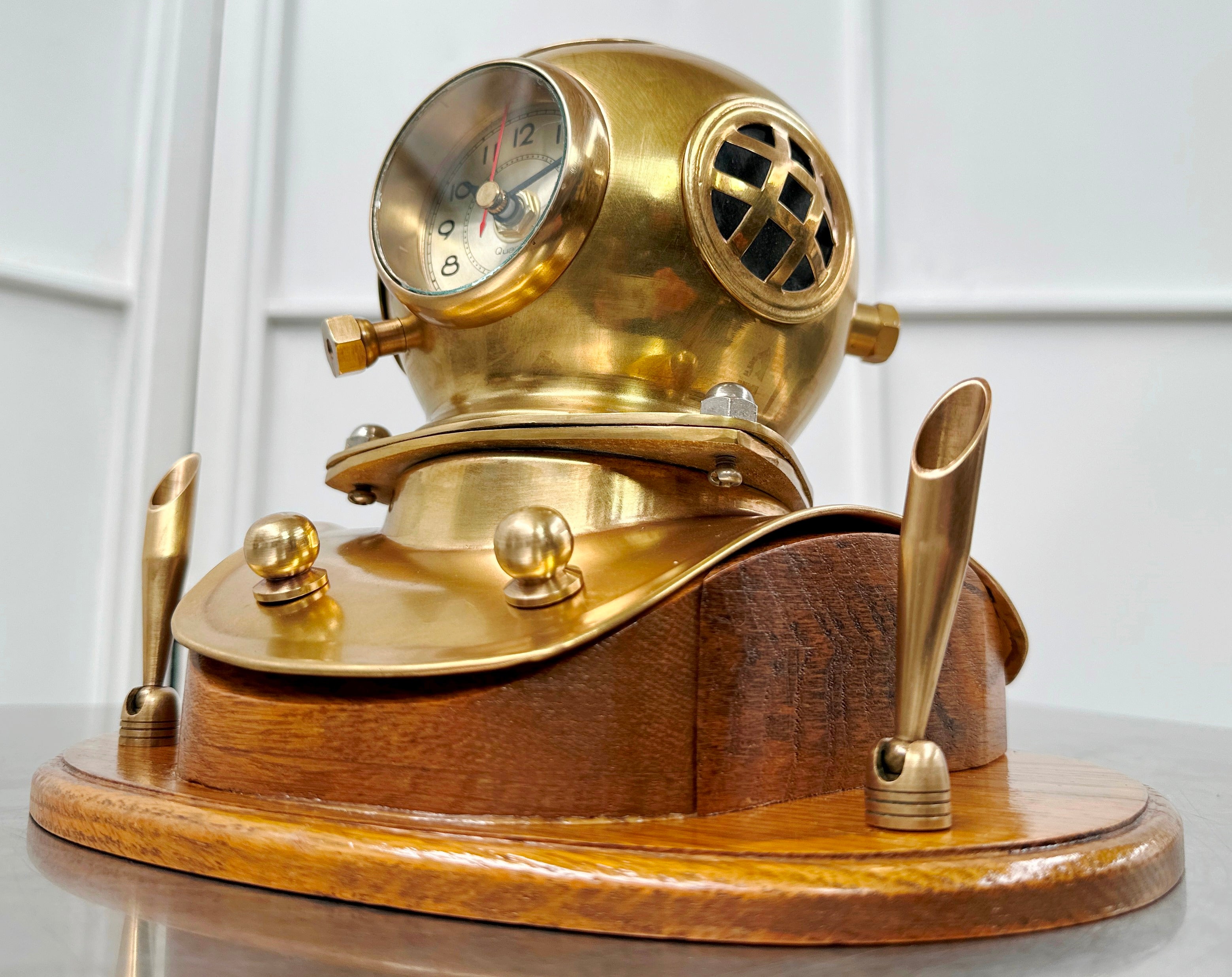 Vintage Brass Scuba Divers Helmet Ships Desk Quartz Clock with Pen Holders | Adelaide Clocks