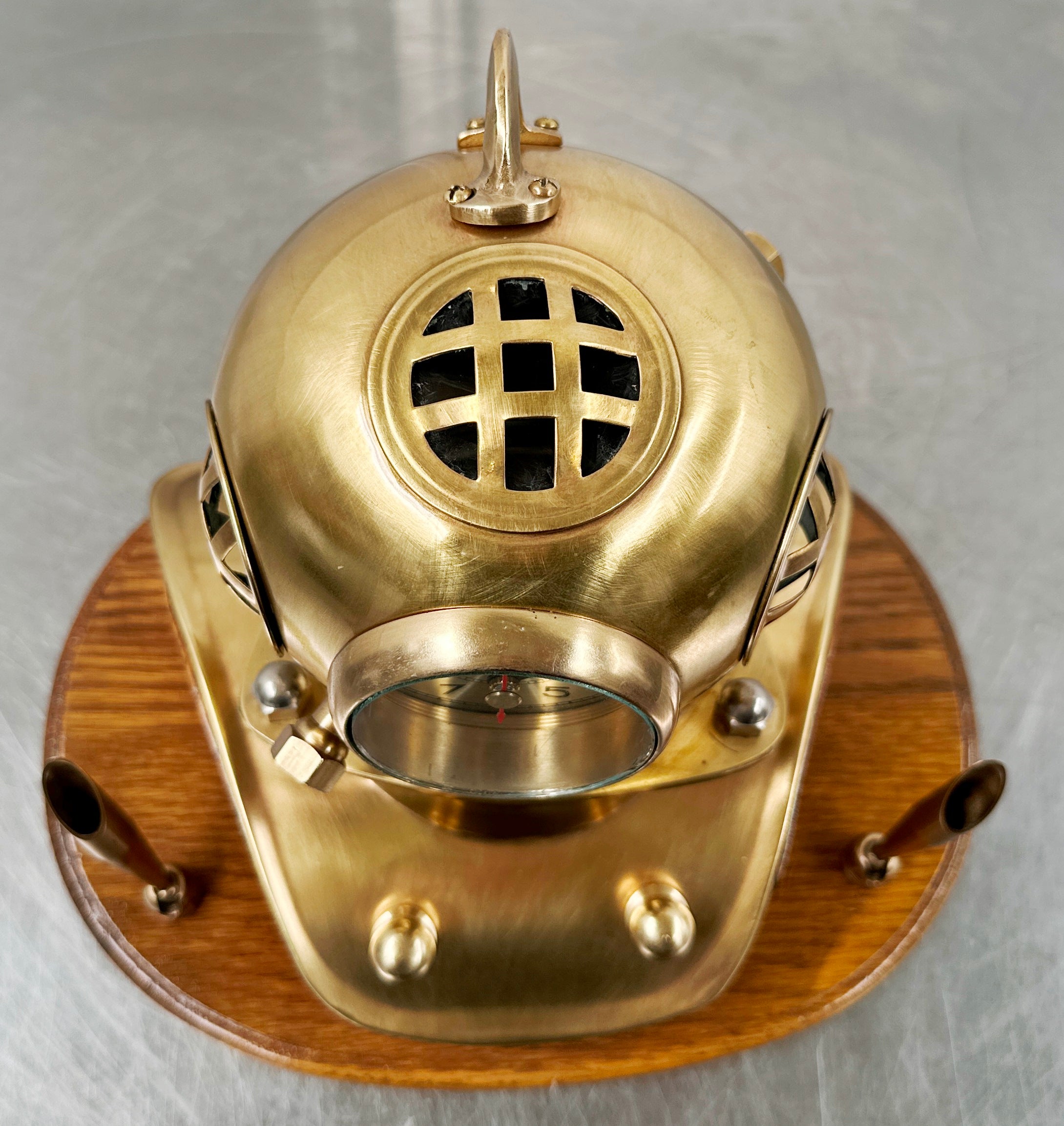 Vintage Brass Scuba Divers Helmet Ships Quartz Desk Clock with Pen Holders | Adelaide Clocks
