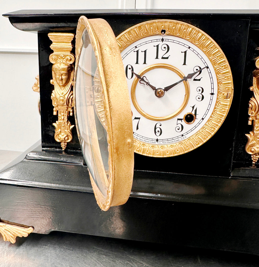 Antique Cast Iron NEW HAVEN, U.S.A. Figural Mantel Clock | Adelaide Clocks