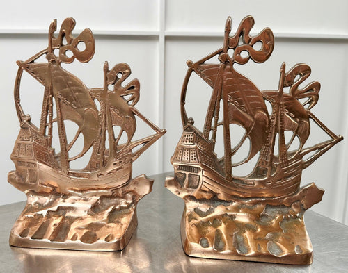 Antique Pair Galleon Ship Brass Bookends | Adelaide Clocks