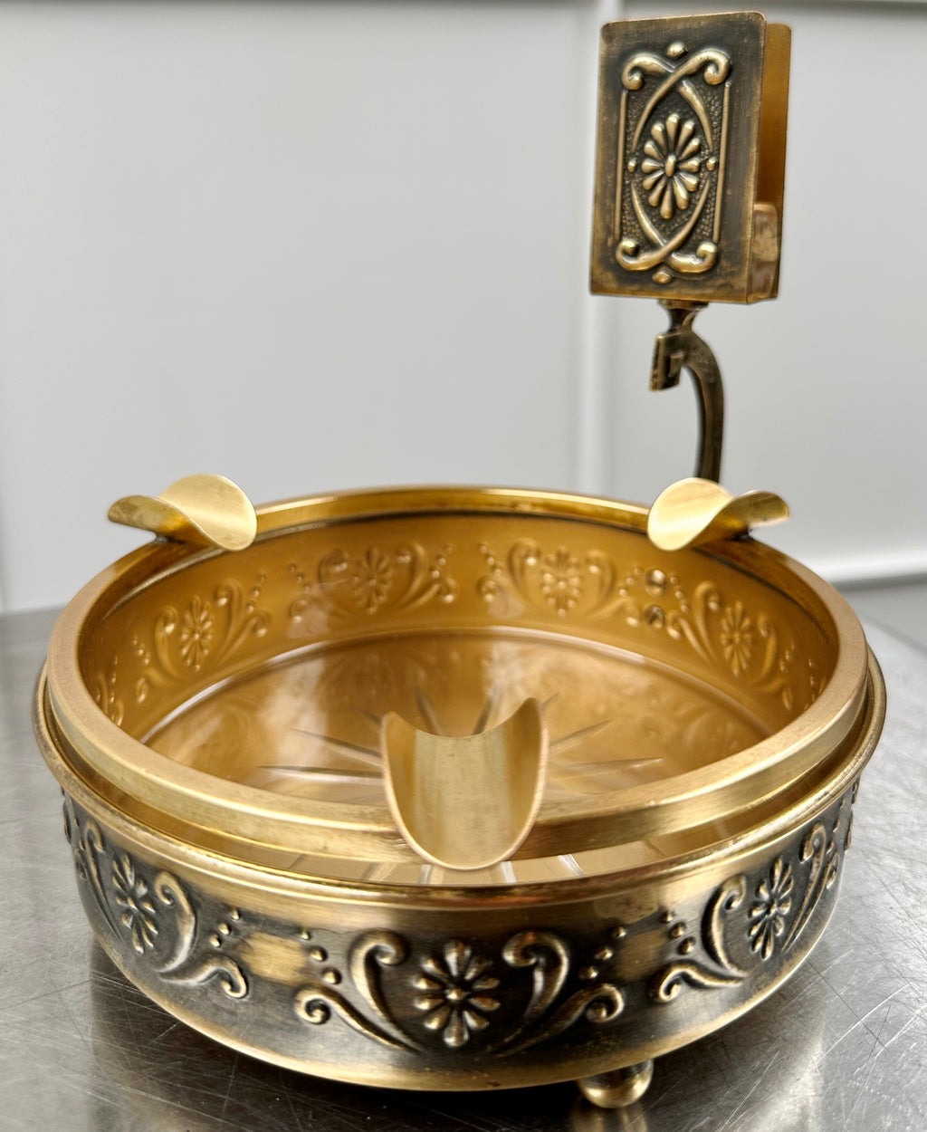 Vintage Ornate Brass & Glass Ashtray with Matchbox Holder | Adelaide Clocks