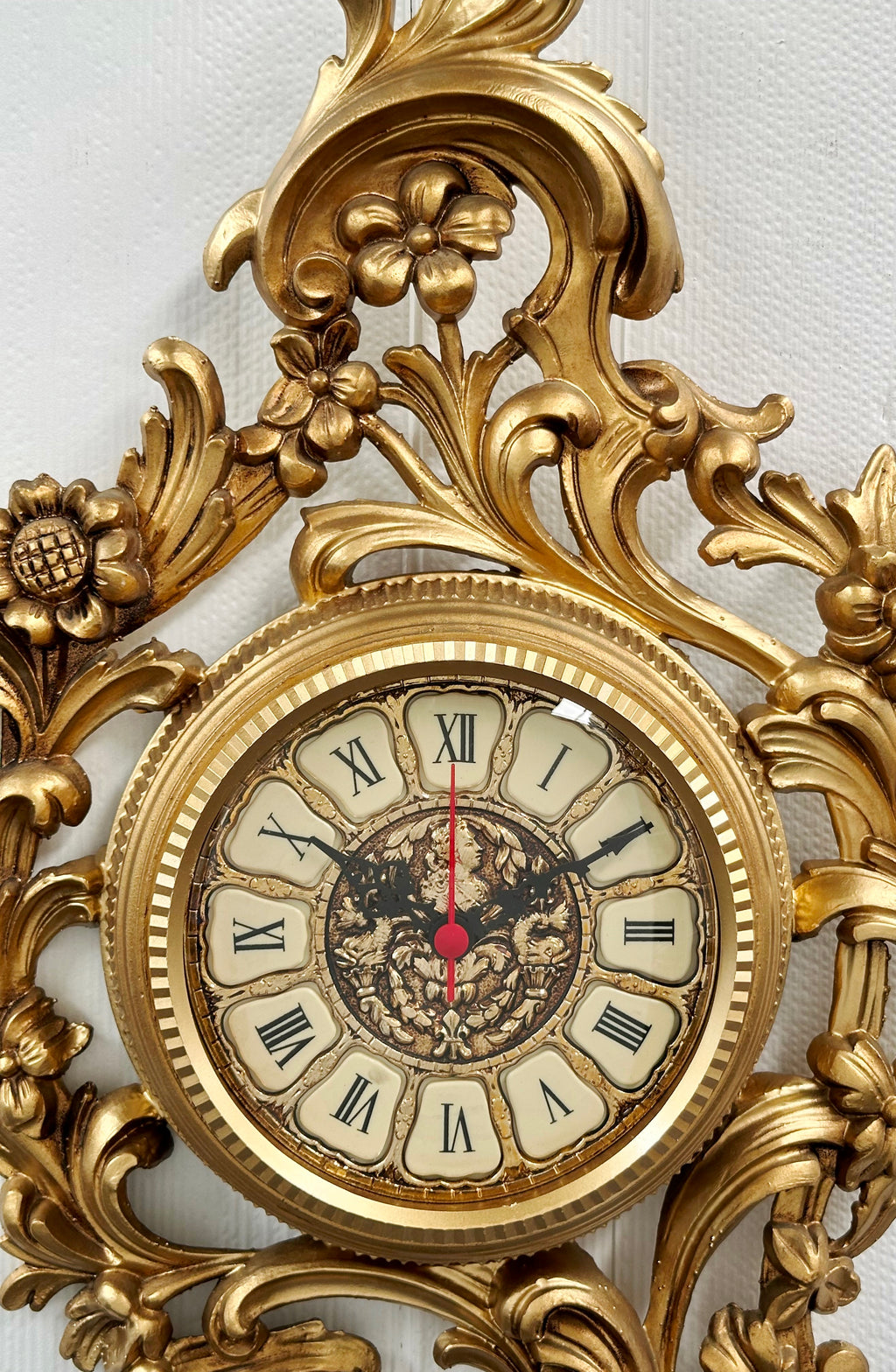 Vintage Ornate Figural Floral Gold Battery Wall Clock | Adelaide Clocks