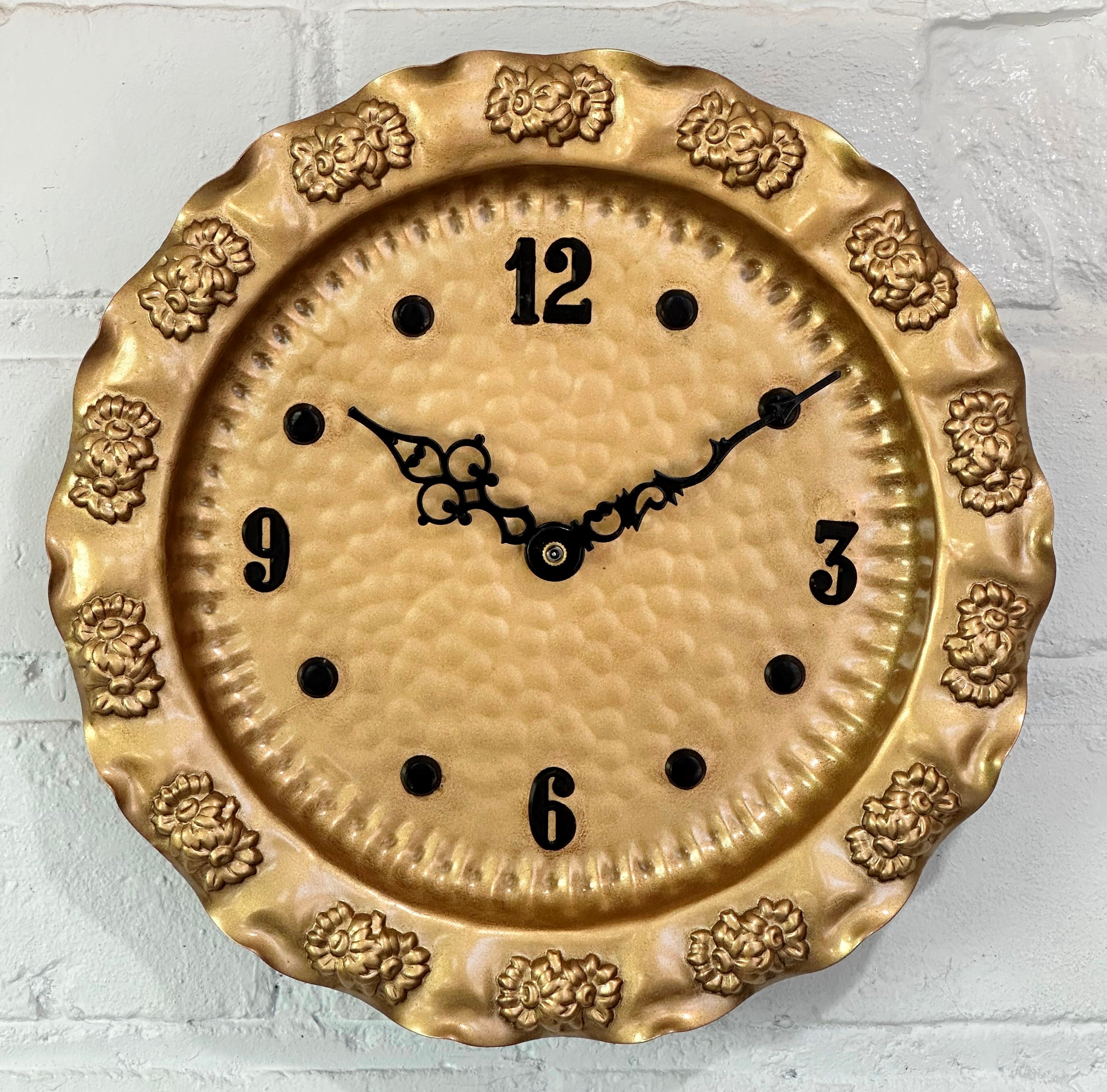 Vintage Hand Hammered Floral Gold Coloured Copper Wall Clock with Quartz Movement. 