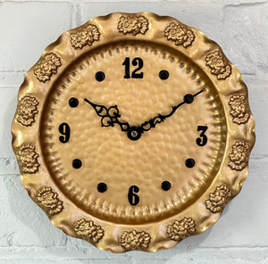 Vintage Hand Hammered Floral Gold Coloured Copper Wall Clock with Quartz Movement. 