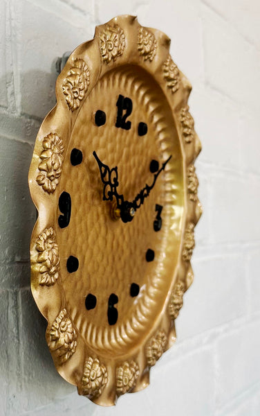 Vintage Hand Hammered Floral Gold Coloured Copper Wall Clock with Quartz Movement. 