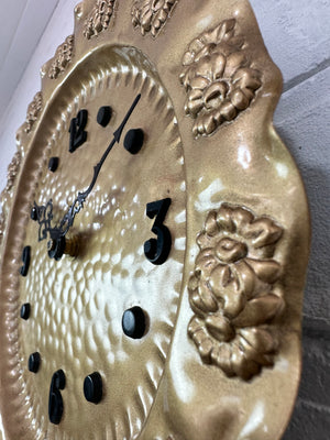 Vintage Hand Hammered Floral Gold Coloured Copper Wall Clock with Quartz Movement. 