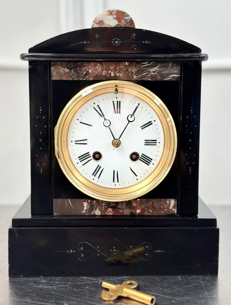 Antique French Slate with Marble Hammer Bell Chime Mantel Clock | Adelaide Clocks