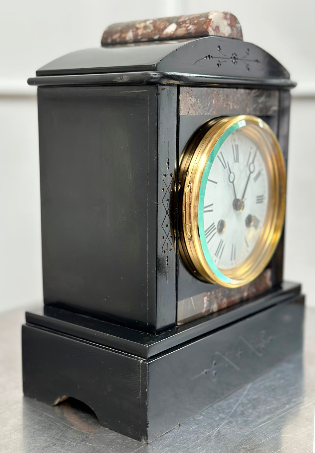 Antique French Slate with Marble Hammer Bell Chime Mantel Clock | Adelaide Clocks
