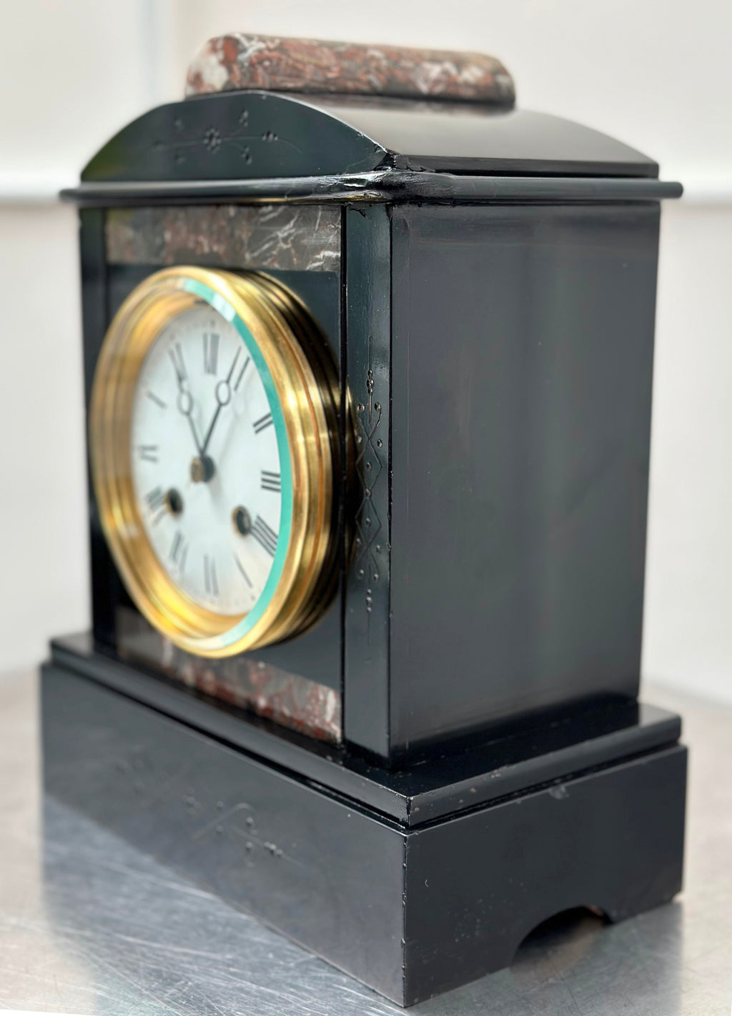 Antique French Slate with Marble Hammer Bell Chime Mantel Clock | Adelaide Clocks