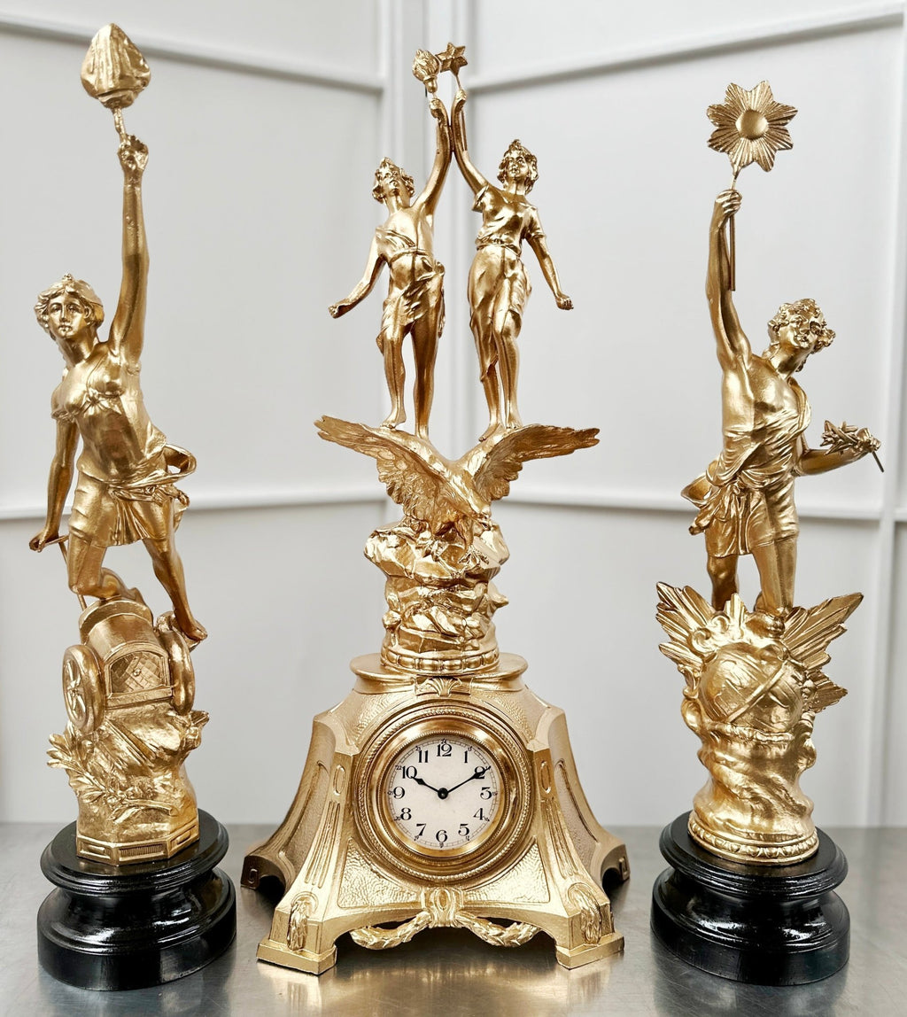 Vintage French Le Jour & Le Nuit Spelter Mantel Clock Set | Adelaide Clocks