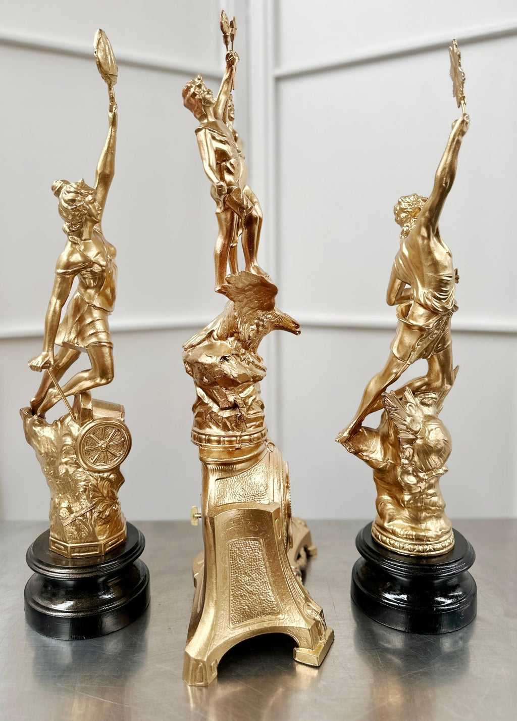 Vintage French Le Jour & Le Nuit Spelter Mantel Clock Set | Adelaide Clocks
