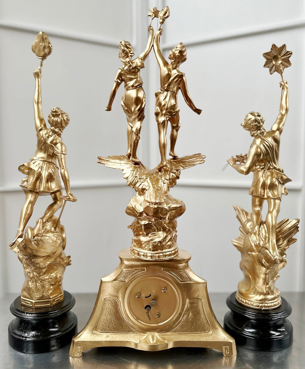 Vintage French Le Jour & Le Nuit Spelter Mantel Clock Set | Adelaide Clocks