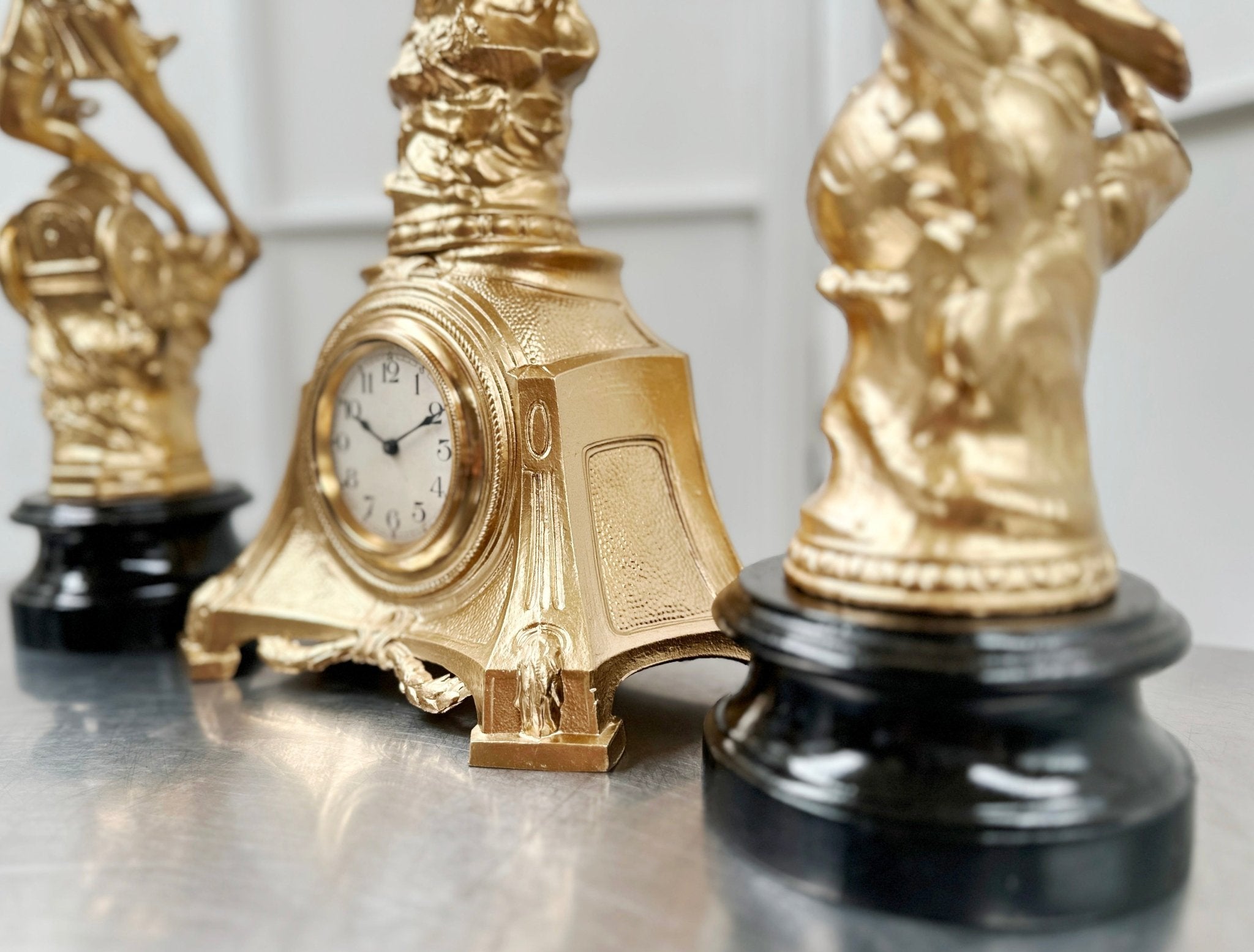 Vintage French Le Jour & Le Nuit Spelter Mantel Clock Set | Adelaide Clocks