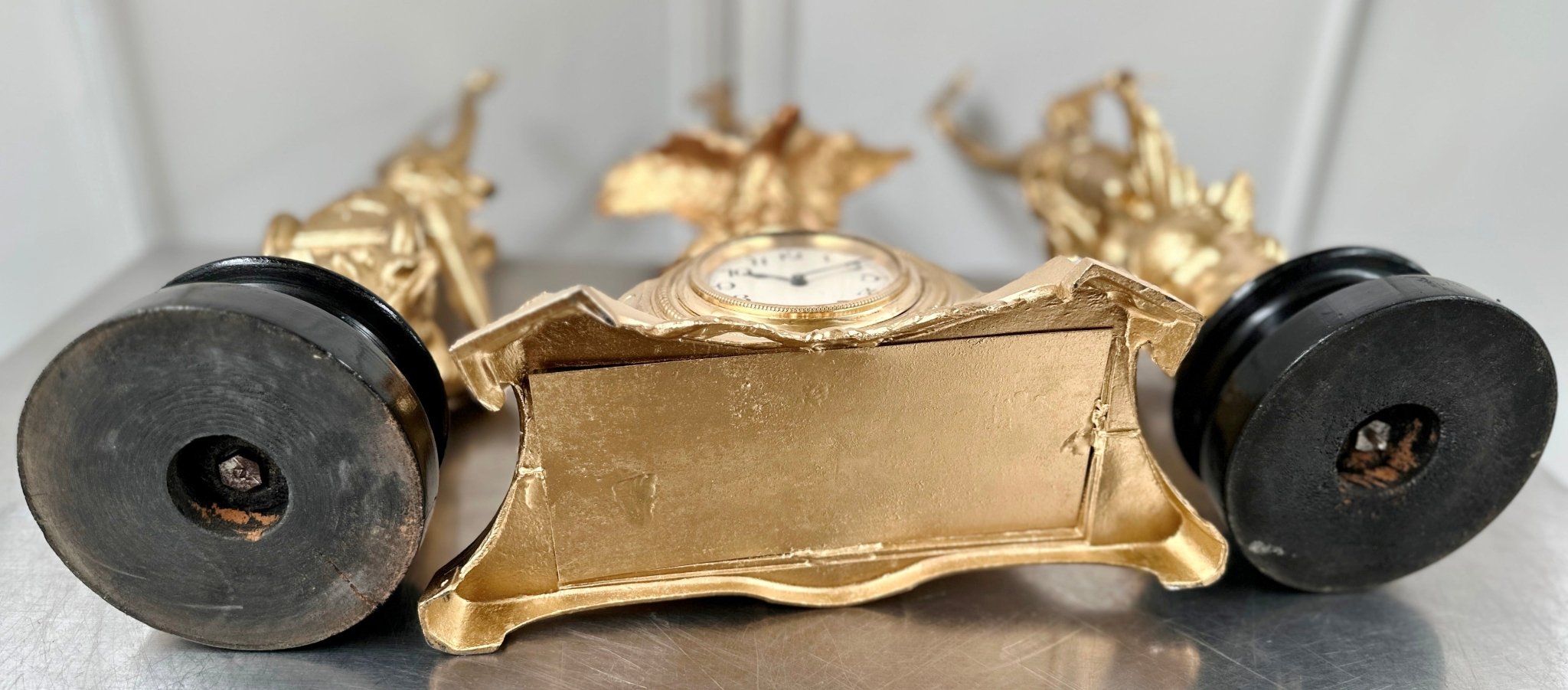 Vintage French Le Jour & Le Nuit Spelter Mantel Clock Set | Adelaide Clocks