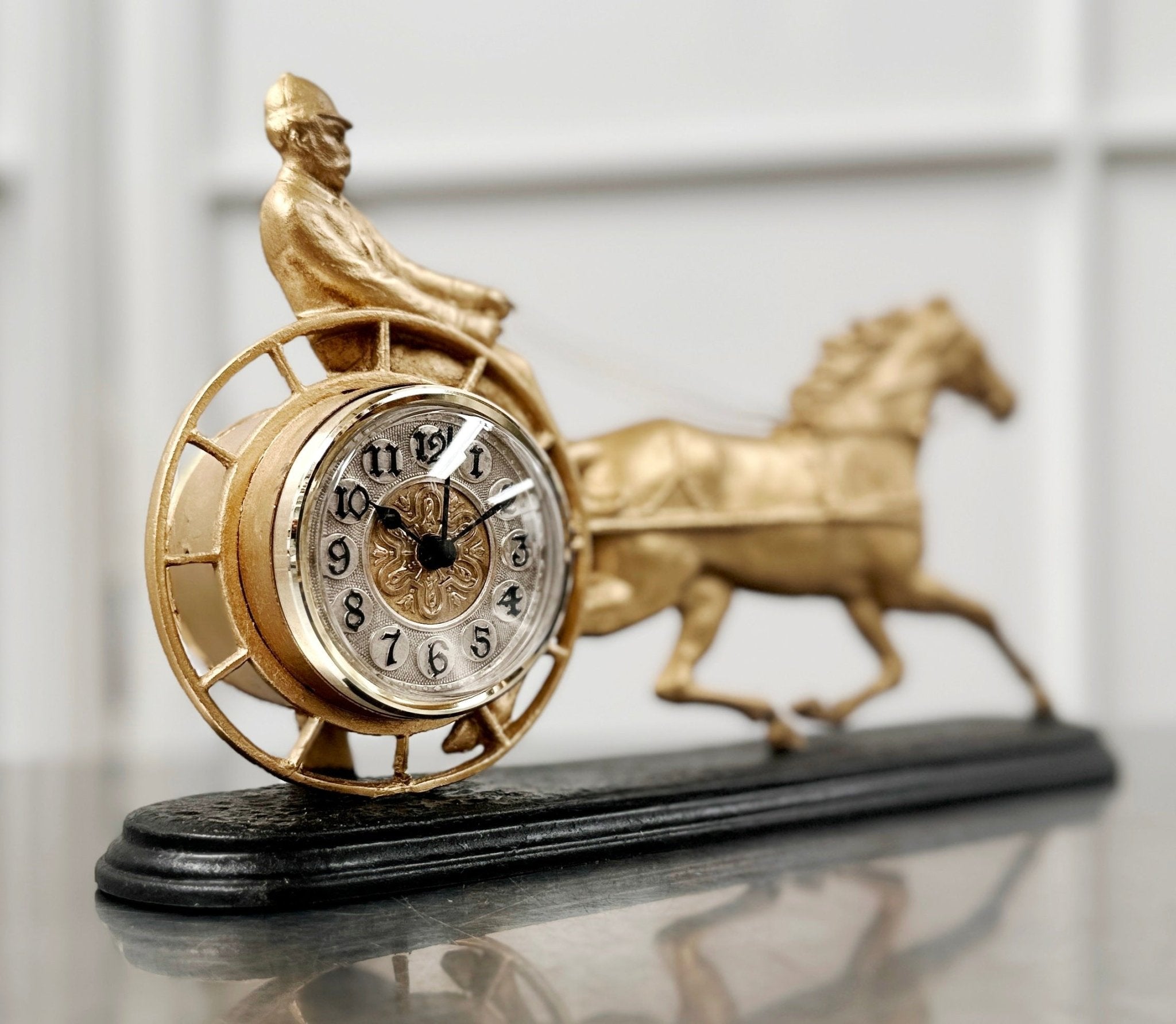 Antique Cast Iron Jockey & Racing Horse Converted to Quartz Mantel Clock | Adelaide Clocks